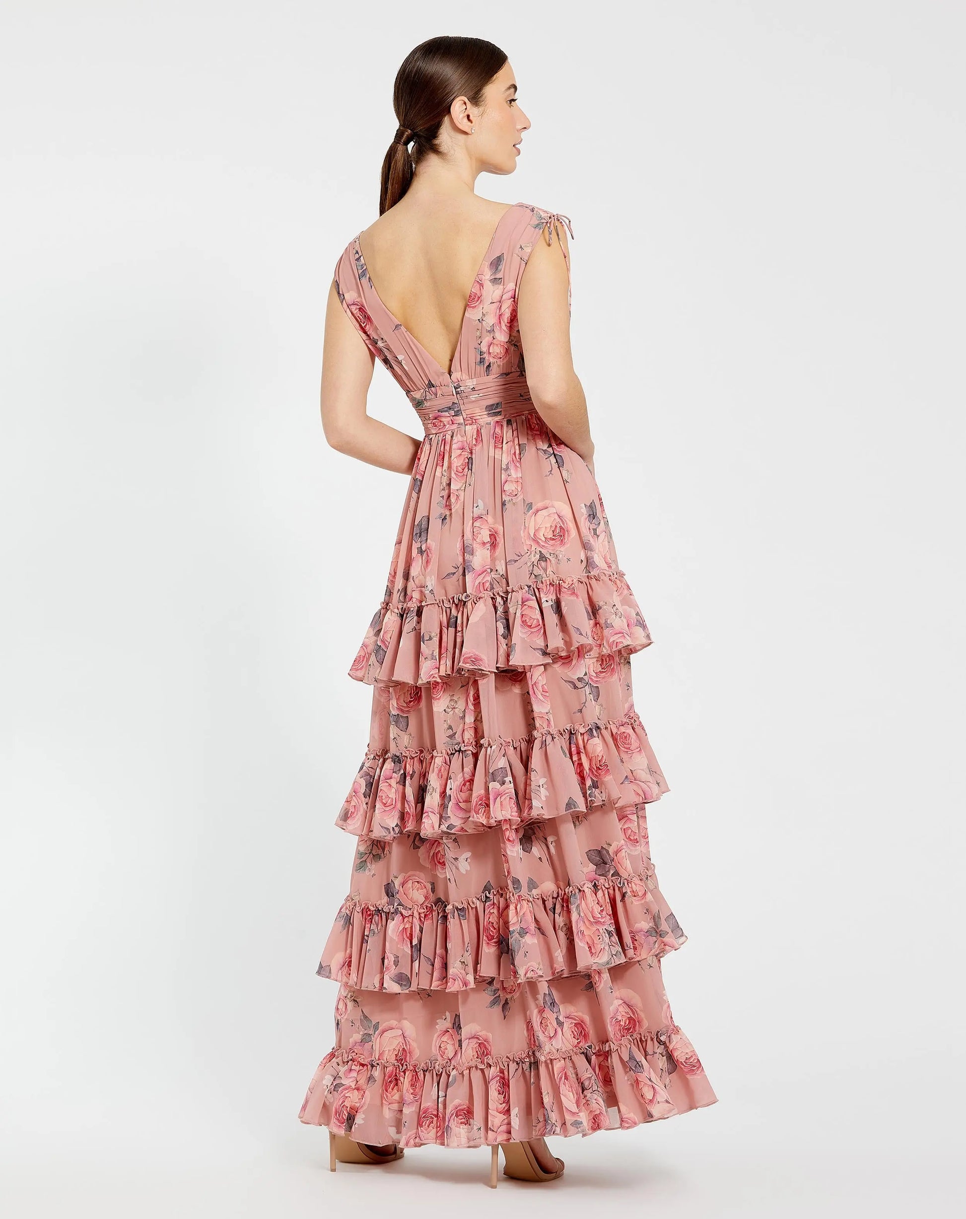 Pink Drawstring Shoulder Chiffon Tiered Floral Dress | Mac Duggal Pink Drawstring Shoulder Chiffon Tiered Floral Dress | Mac Duggal