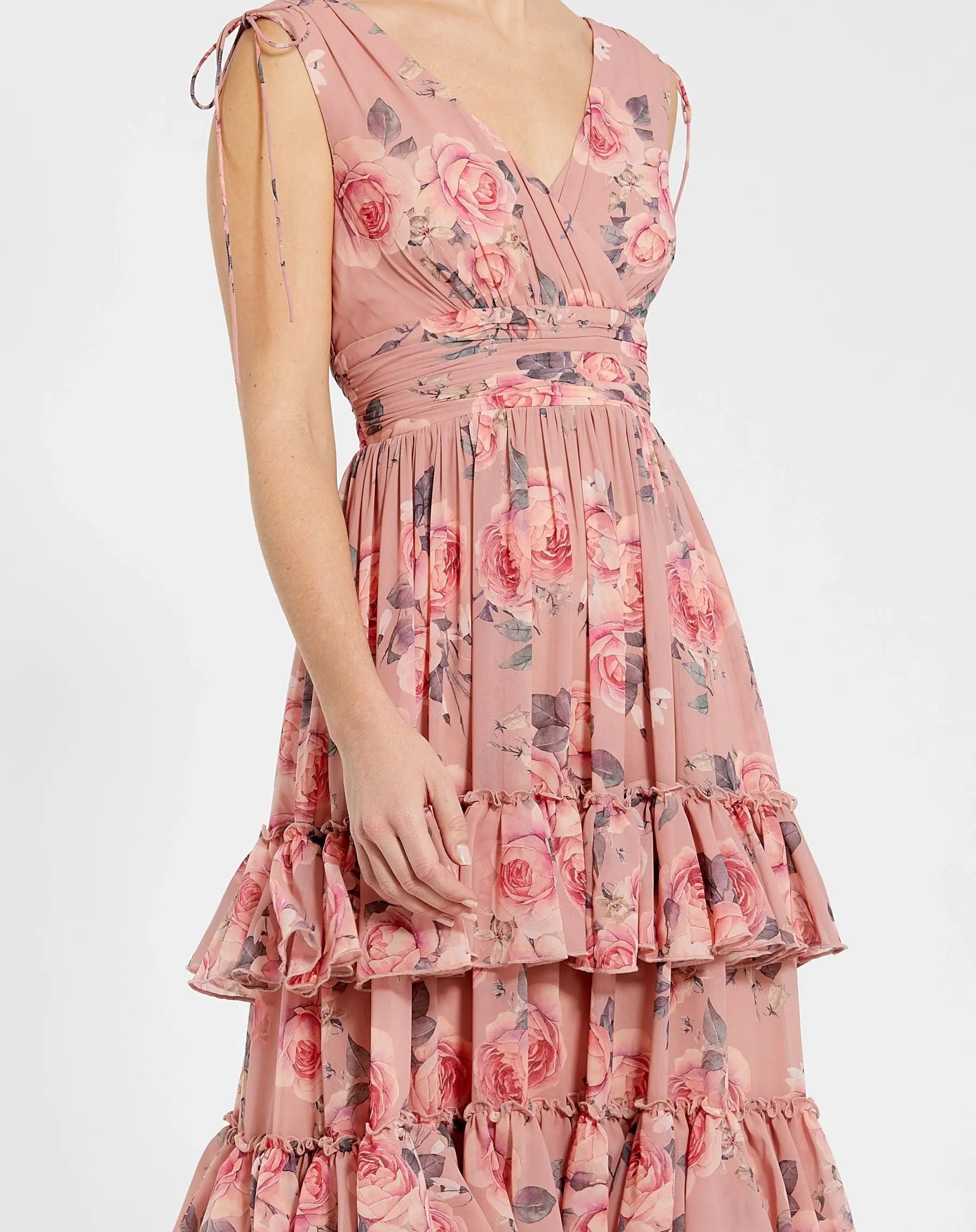 Pink Drawstring Shoulder Chiffon Tiered Floral Dress Pink Drawstring Shoulder Chiffon Tiered Floral Dress