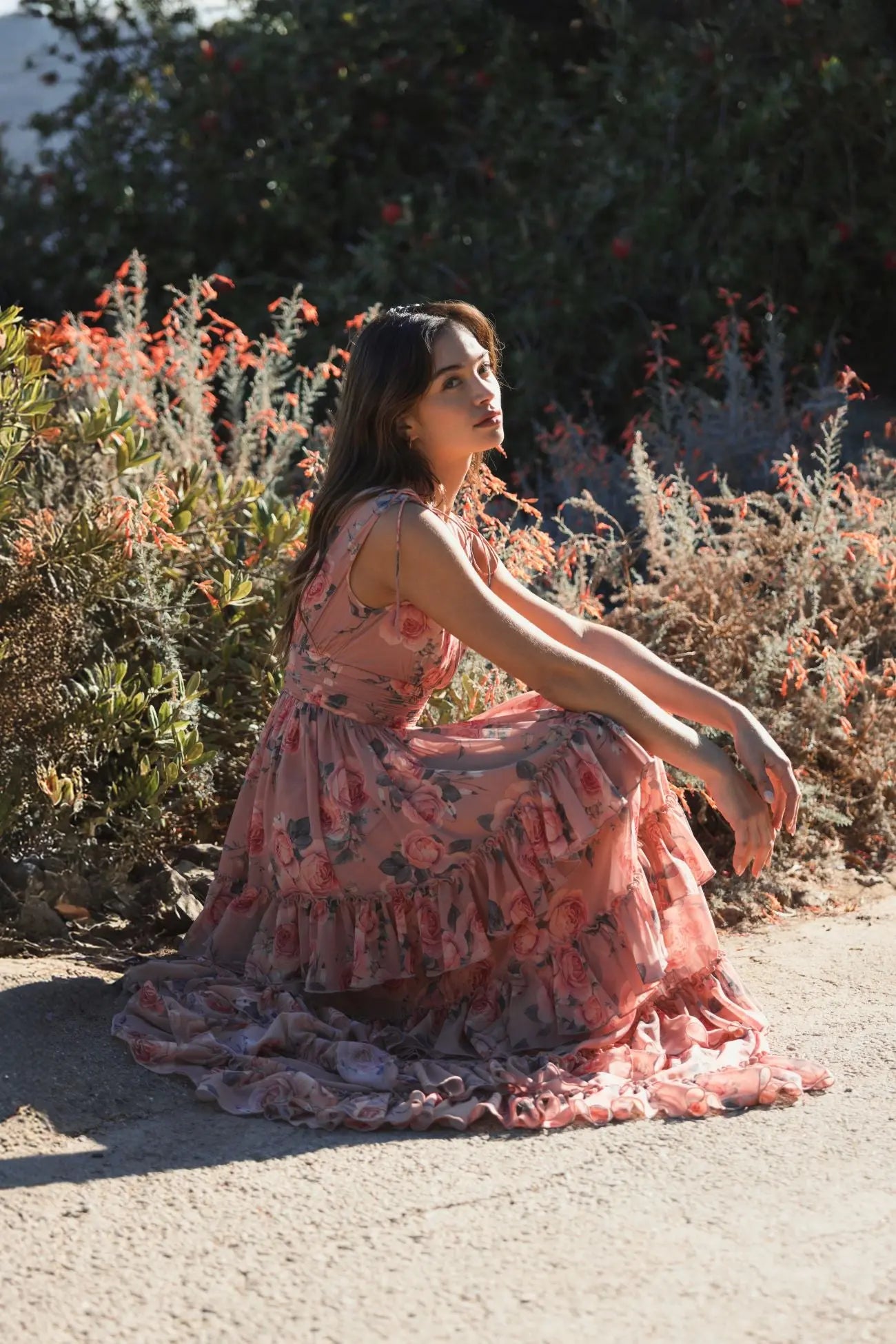 Pink Drawstring Shoulder Chiffon Tiered Floral Dress - Mac Duggal
