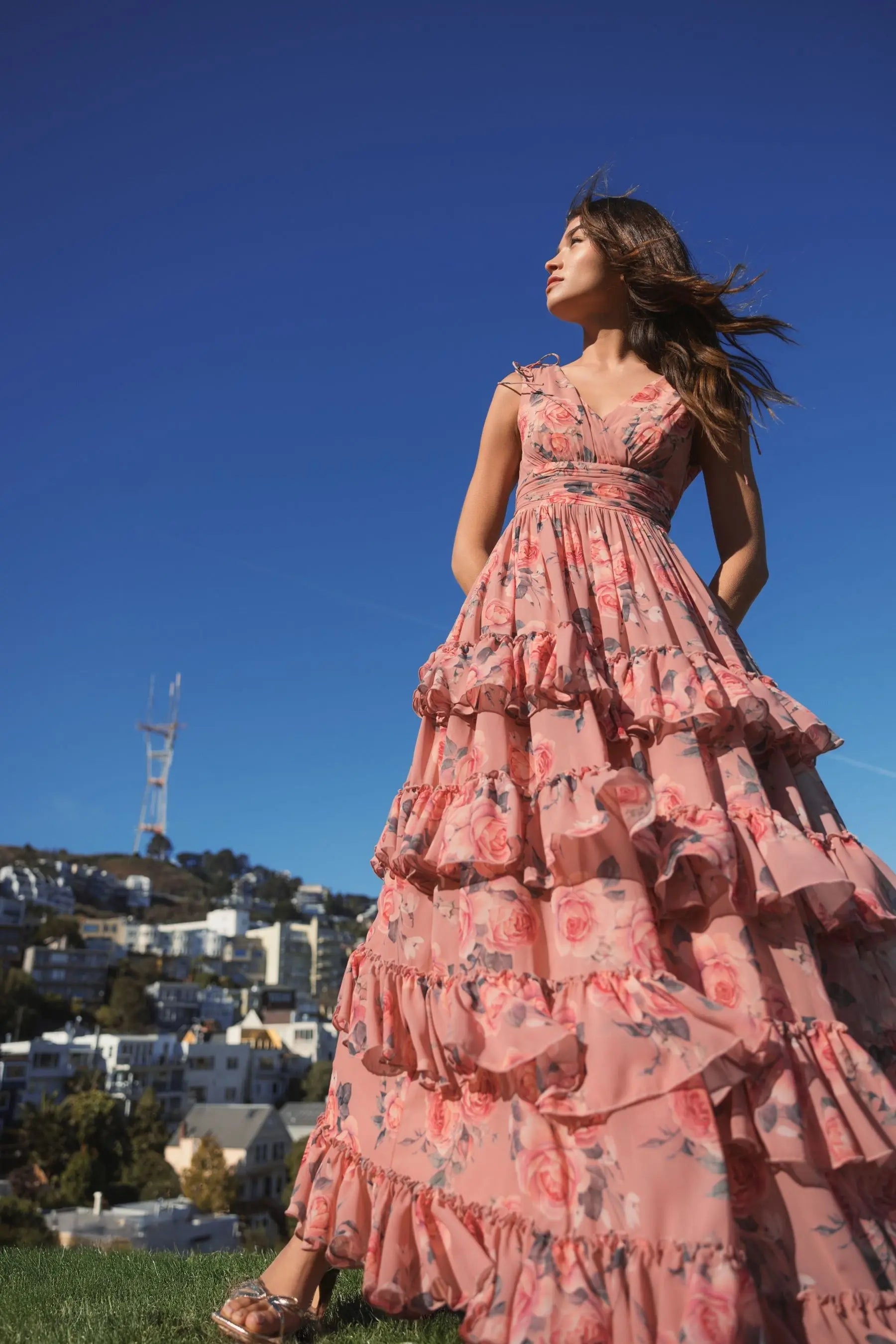 Pink Drawstring Shoulder Chiffon Tiered Floral Dress | Mac Duggal Pink Drawstring Shoulder Chiffon Tiered Floral Dress | Mac Duggal