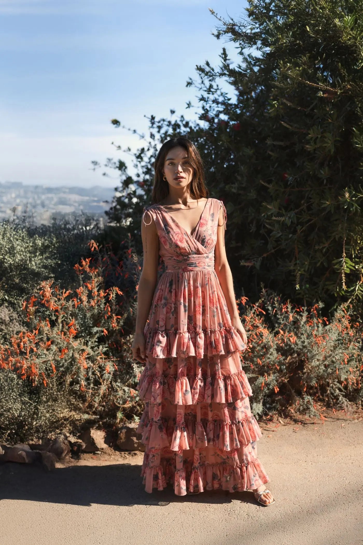 Pink Drawstring Shoulder Chiffon Tiered Floral Dress Mac Duggal