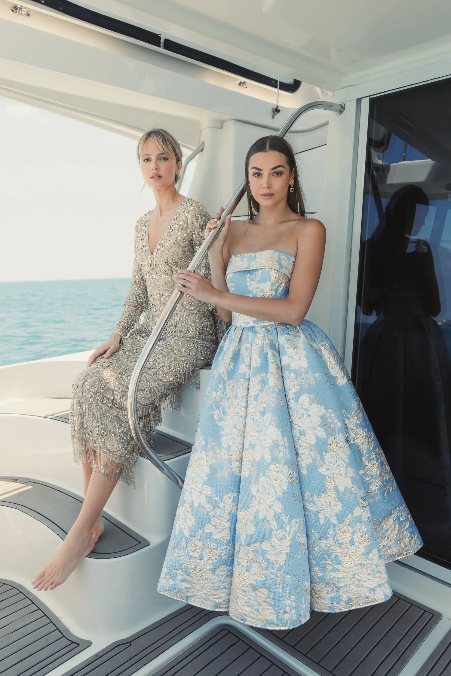 Blue Strapless Brocade Midi Dress with Pockets - Mac Duggal