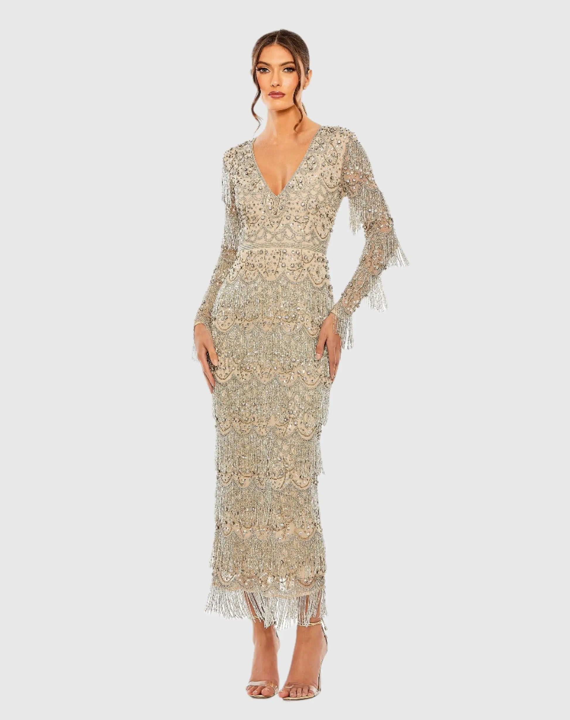 Beige V-Neck Long Sleeve Beaded Fringe Dress | Mac Duggal Beige V-Neck Long Sleeve Beaded Fringe Dress | Mac Duggal