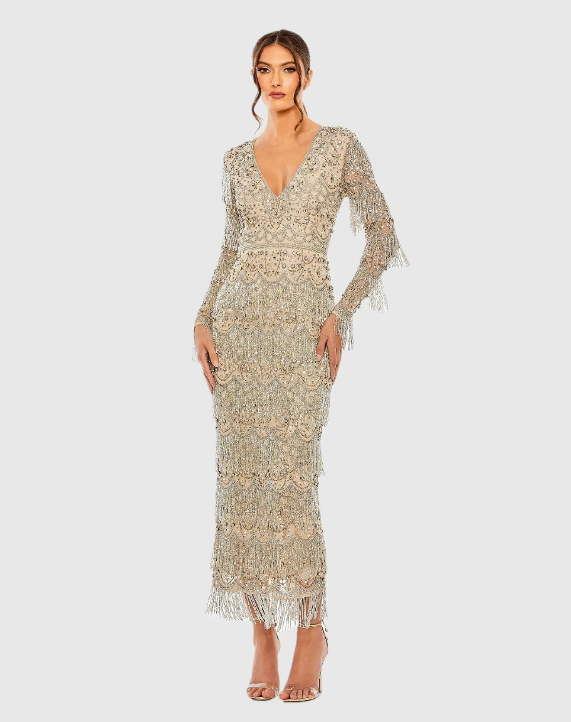 Beige V-Neck Beaded Fringe Embellished Sheath Dress - Mac Duggal