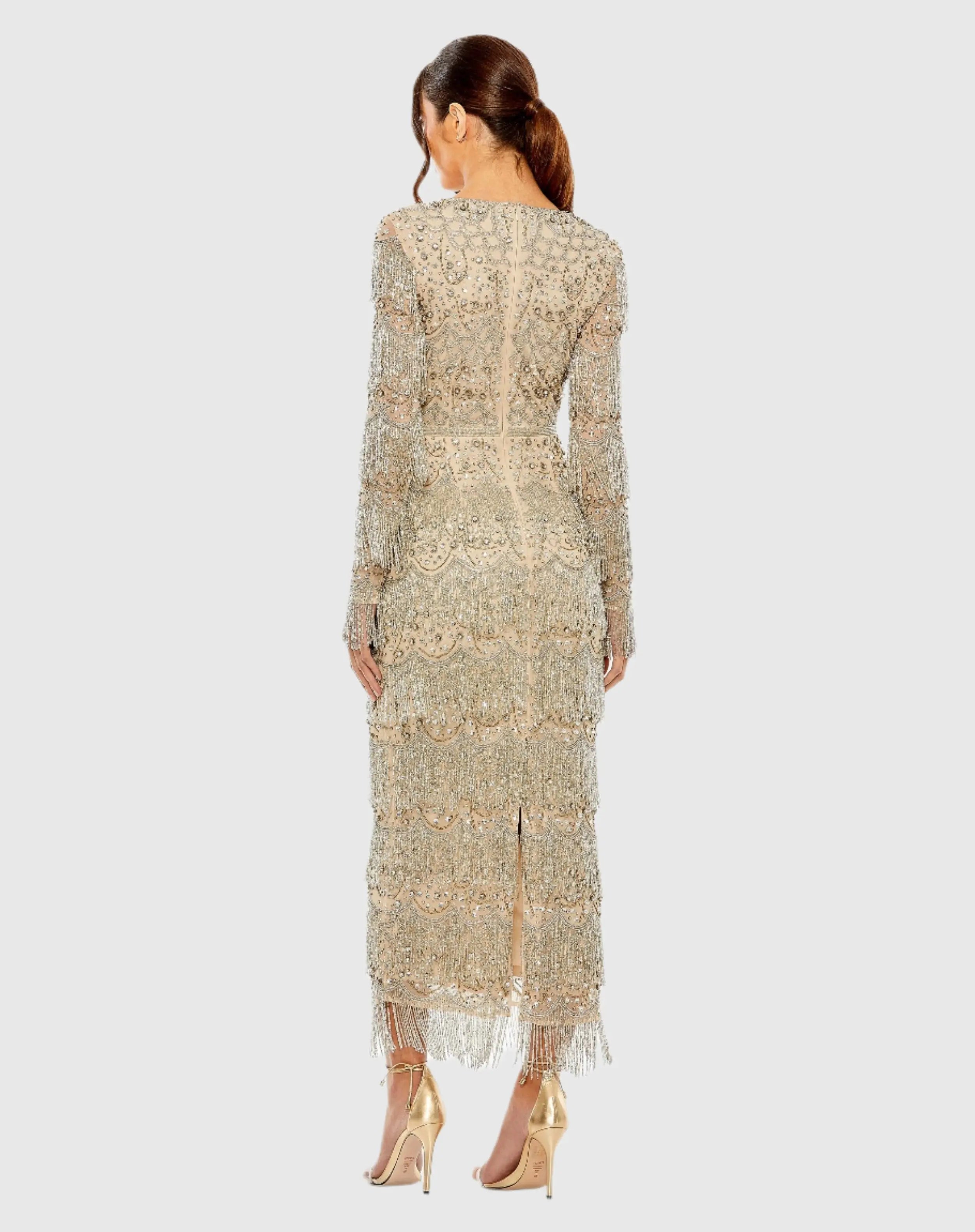 Beige V-Neck Beaded Fringe Embellished Sheath Dress - Mac Duggal