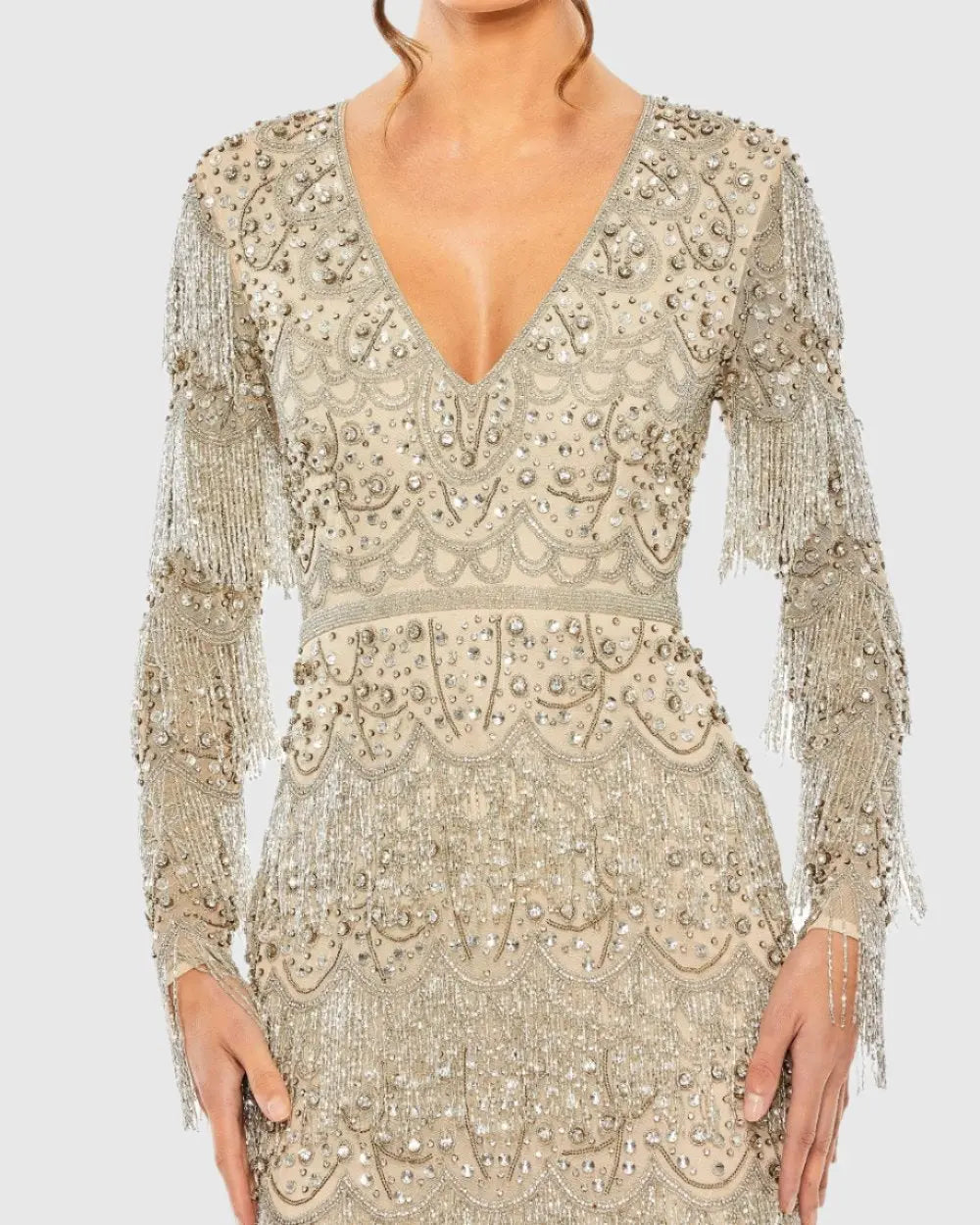 Beige V-Neck Beaded Fringe Embellished Sheath Dress - Mac Duggal