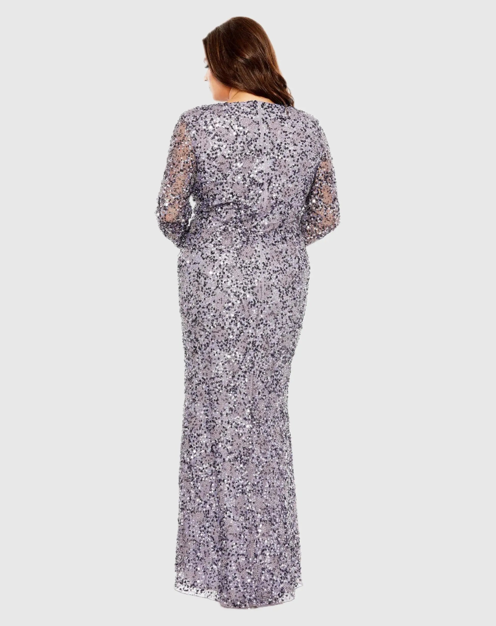 Mac Duggal - Purple V Neck Embellished Long Sleeve Gown - Vintage Lilac / US 16W Mac Duggal - Purple V Neck Embellished Long Sleeve Gown - Vintage Lilac / US 16W