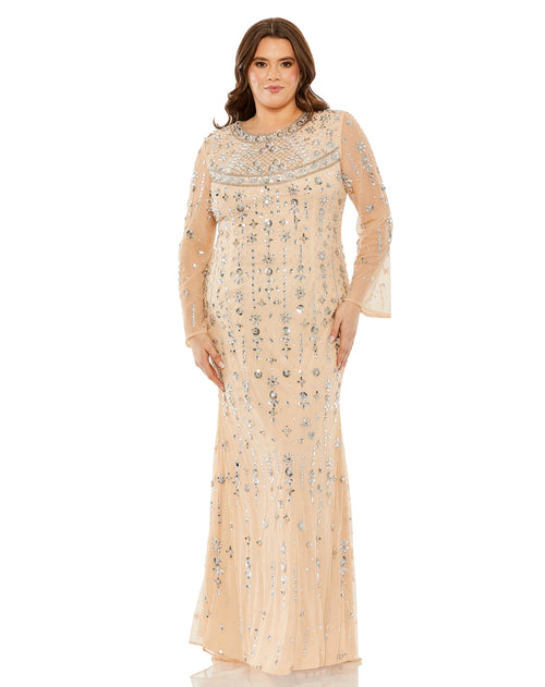 High Neck Long Sleeve Beaded Gown | Sample | Sz. 14W