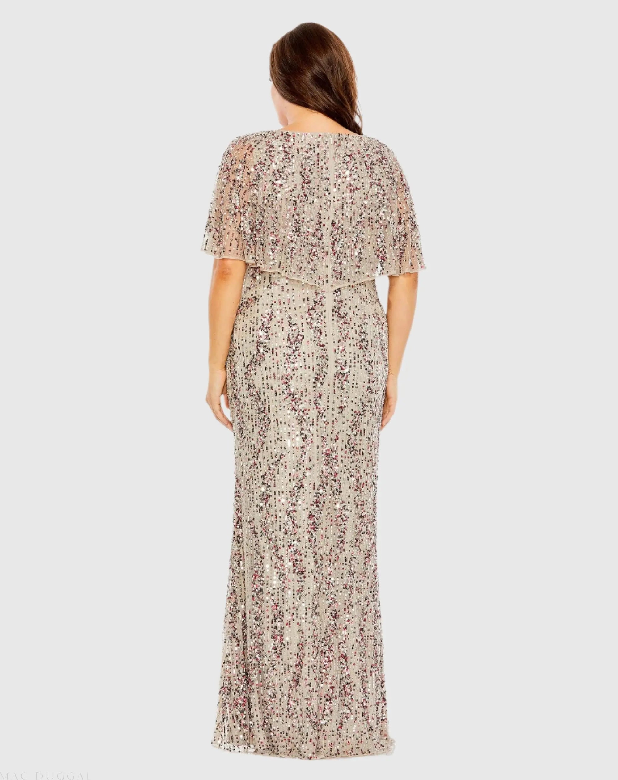 Beige High Neck Column Gown with Cape - Mac Duggal