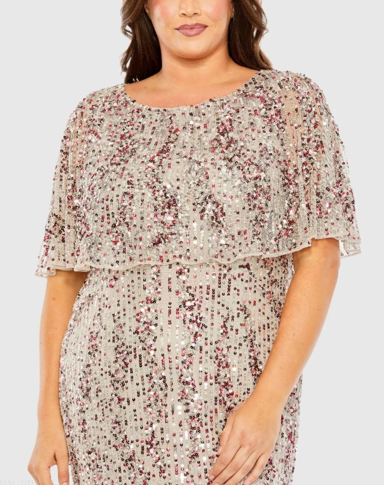 Beige High Neck Column Gown with Cape - Mac Duggal