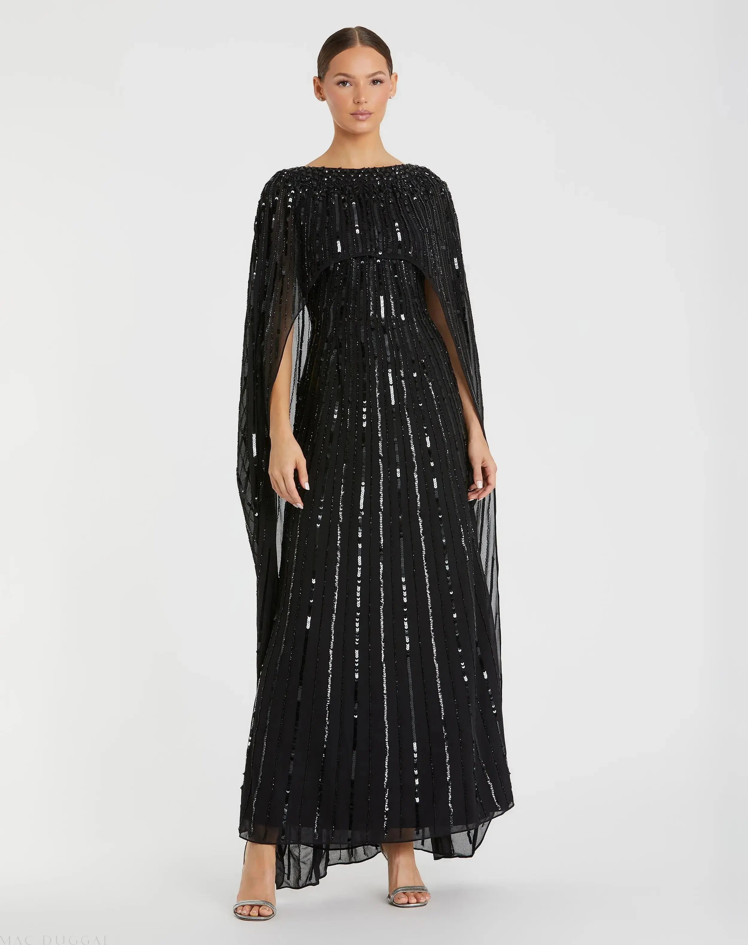 Black Embellished Beaded Column Cape Gown - Mac Duggal