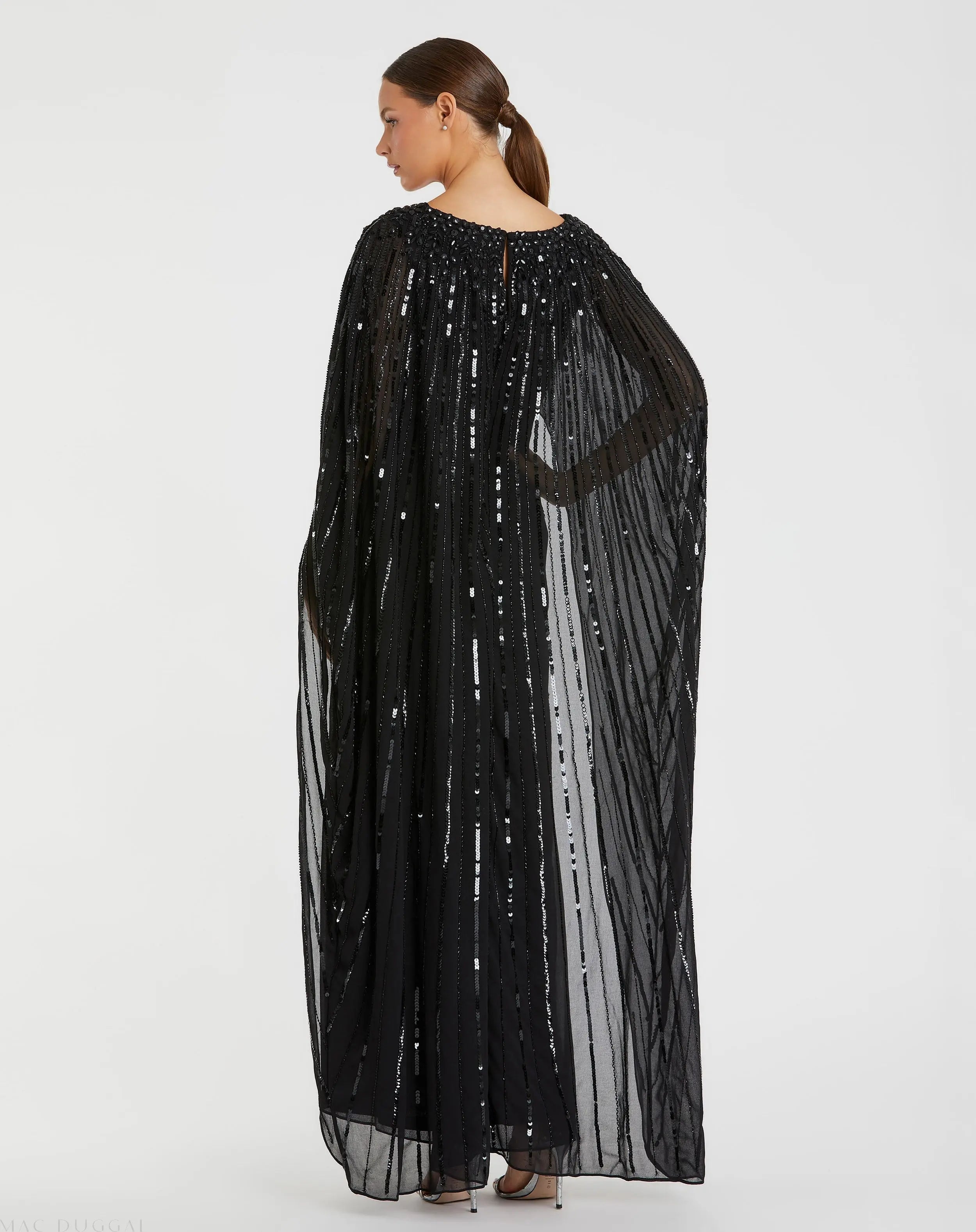 Black Embellished Beaded Column Cape Gown - Mac Duggal