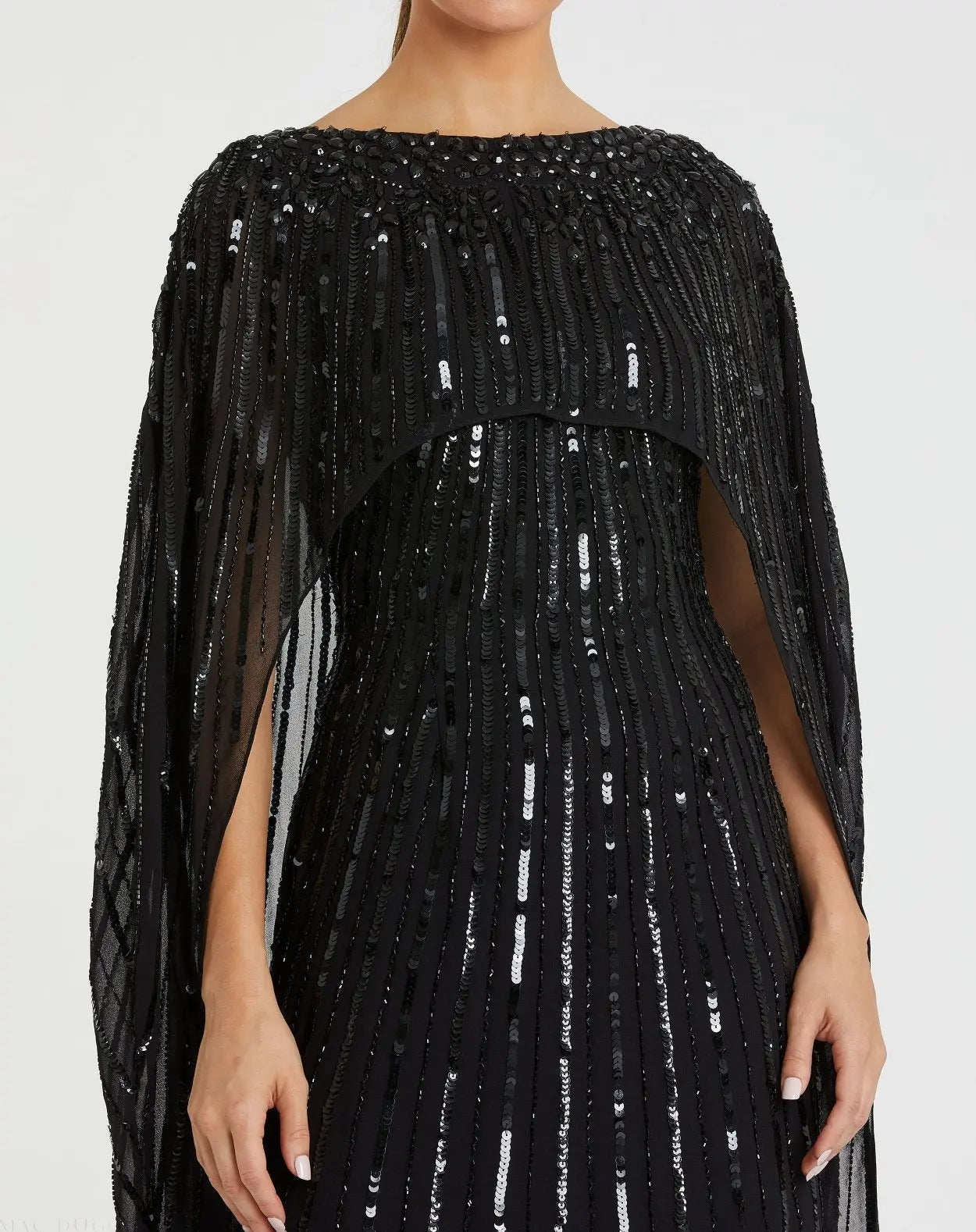 Black Embellished Beaded Column Cape Gown - Mac Duggal