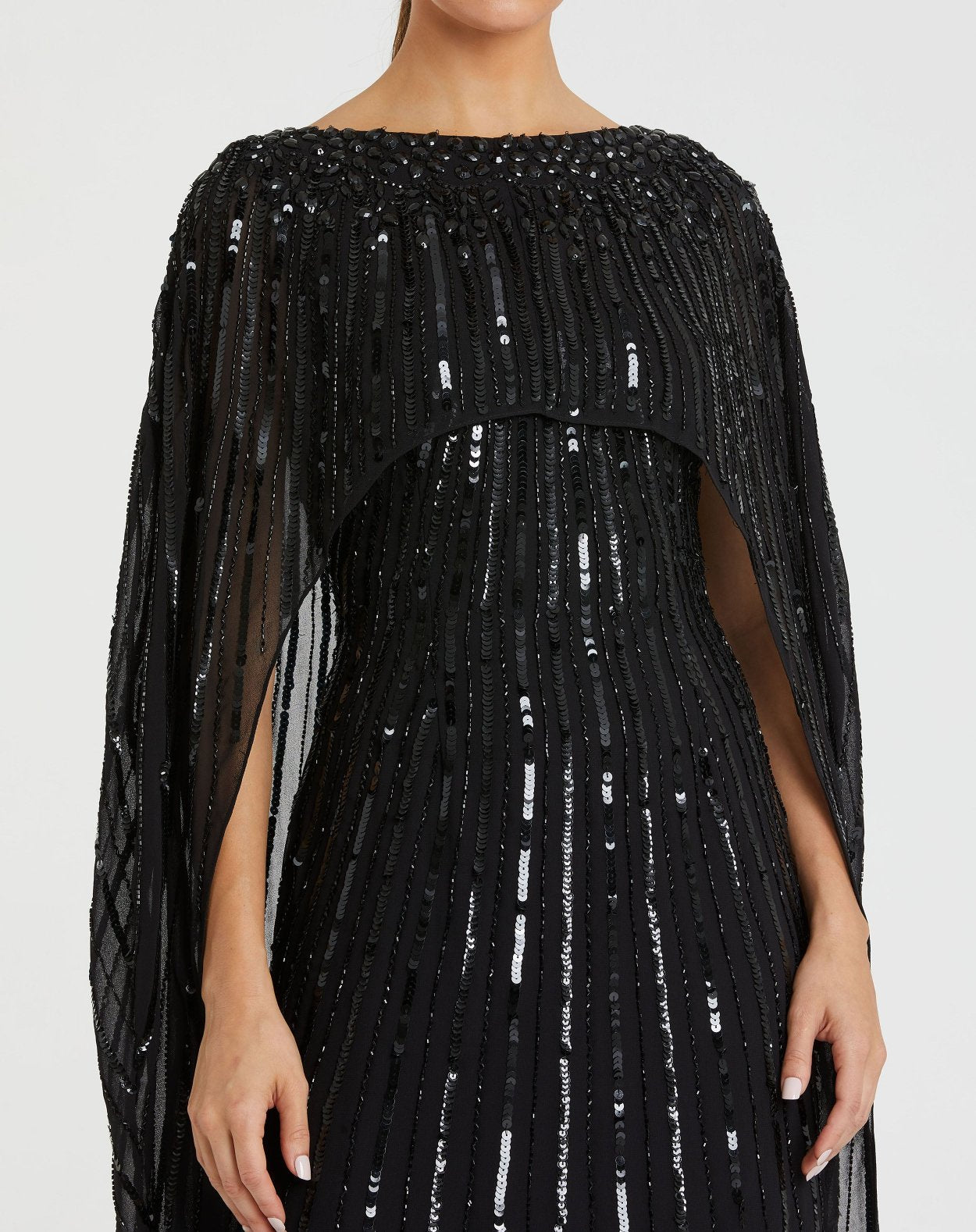 Embellished Beaded Column Cape Gown