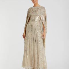 Embellished Beaded Column Cape Gown