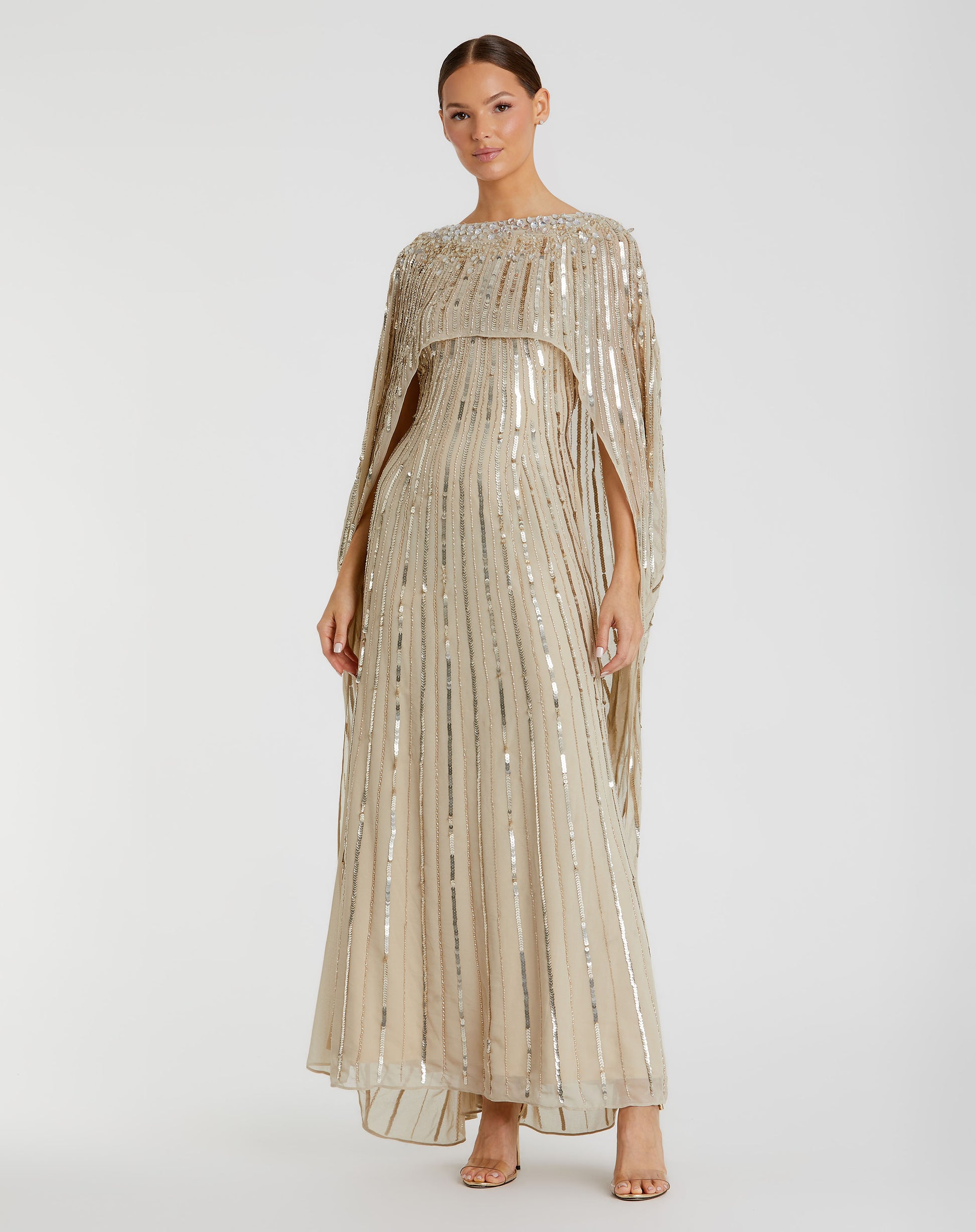 Gold Embellished Beaded Column Cape Gown Gold Embellished Beaded Column Cape Gown