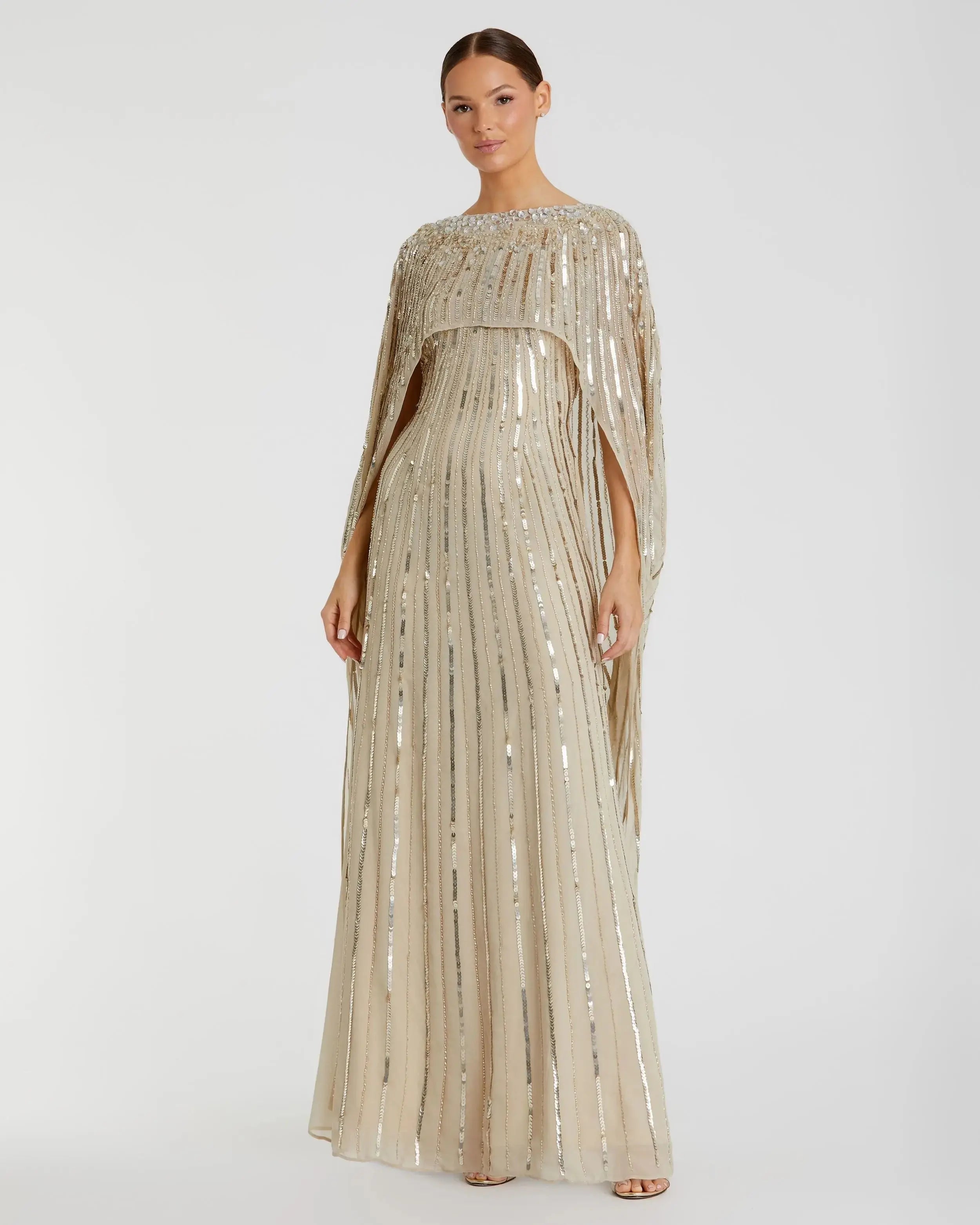 Gold Embellished Beaded Column Cape Gown - Mac Duggal