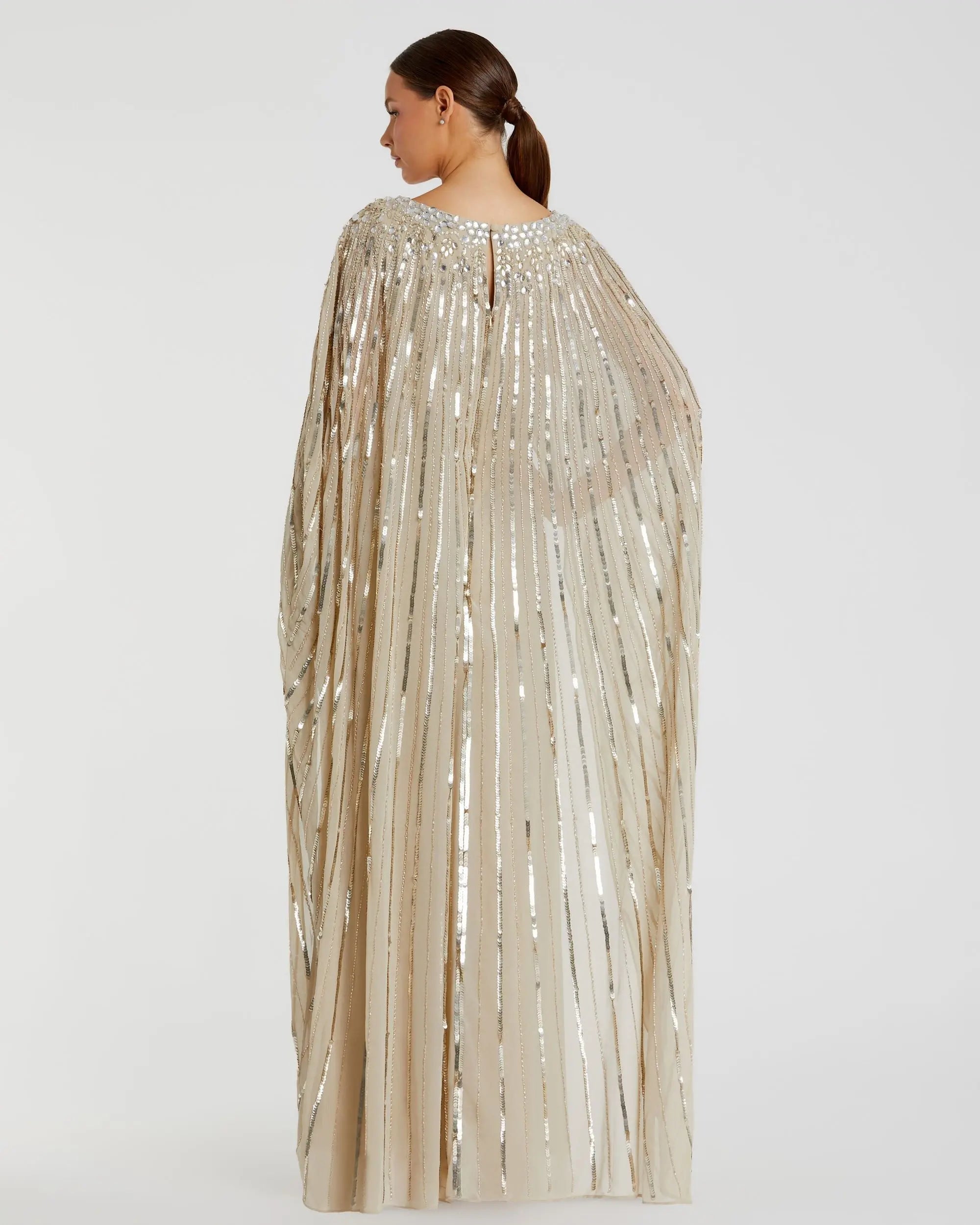 Gold Embellished Beaded Column Cape Gown Gold Embellished Beaded Column Cape Gown