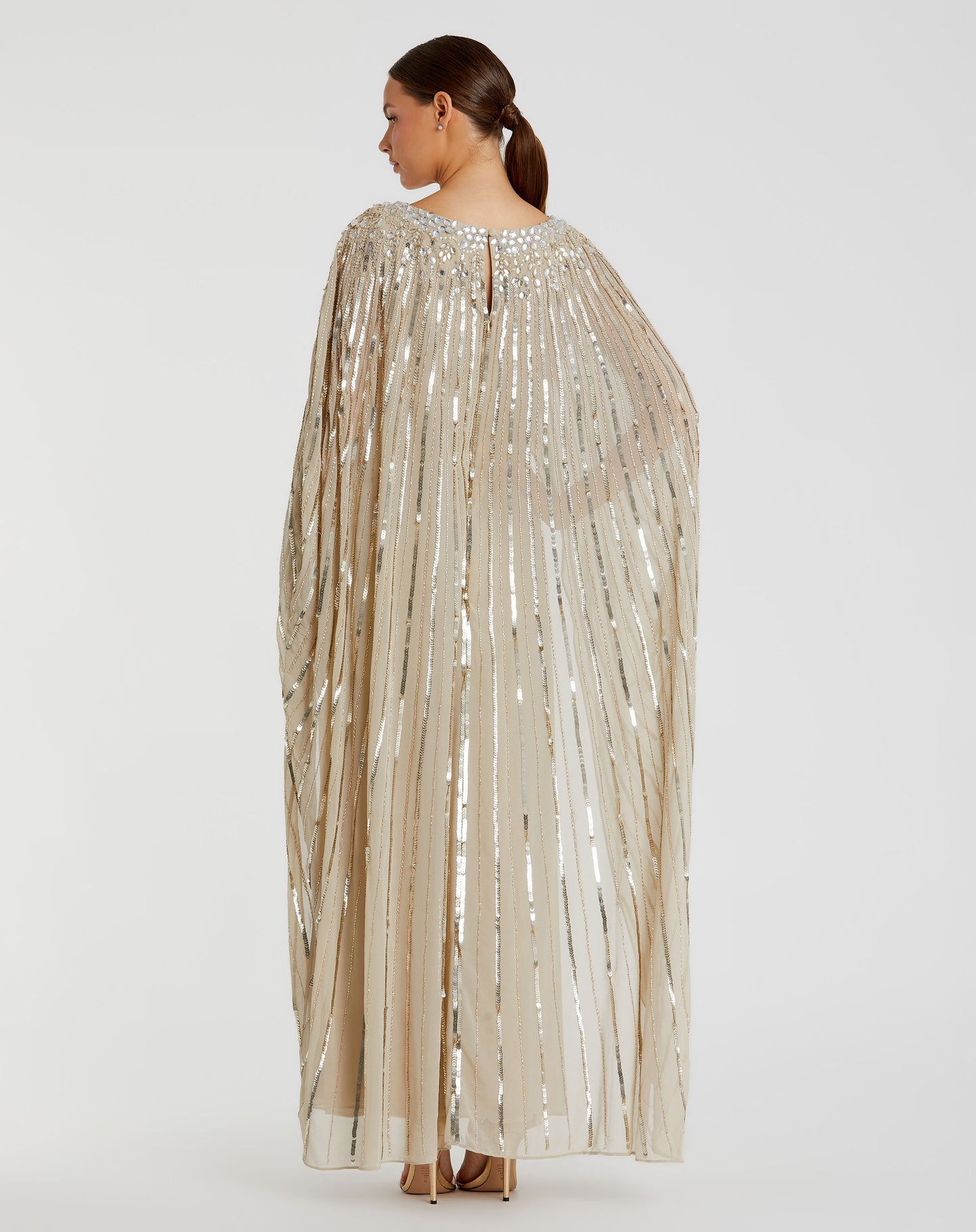 Embellished Beaded Column Cape Gown