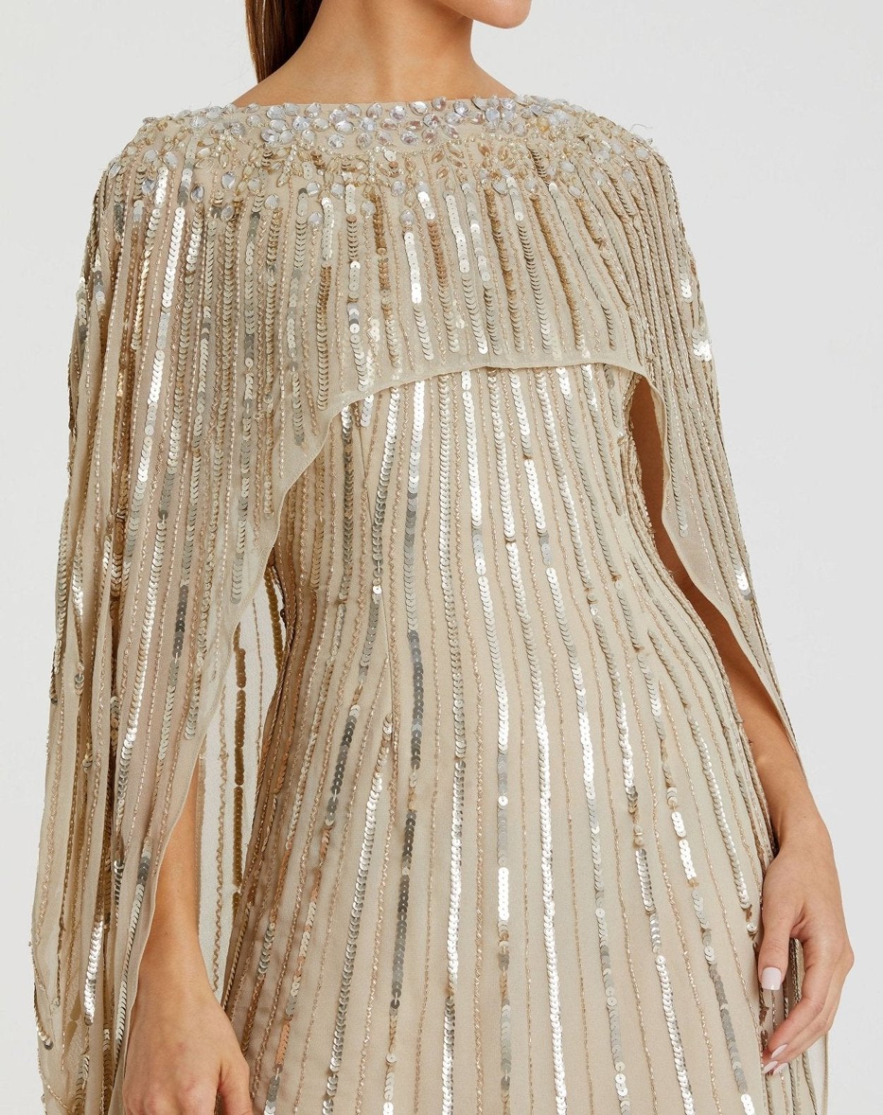 Embellished Beaded Column Cape Gown