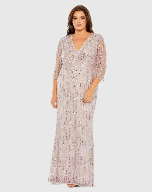 Purple Mid Length Mesh Sleeve V Neck Embellished Gown - Mac Duggal