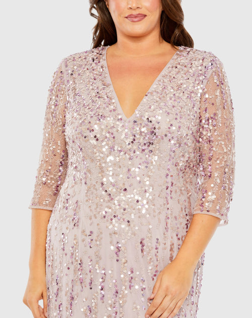 Mid Length Mesh Sleeve V Neck Embellished Gown