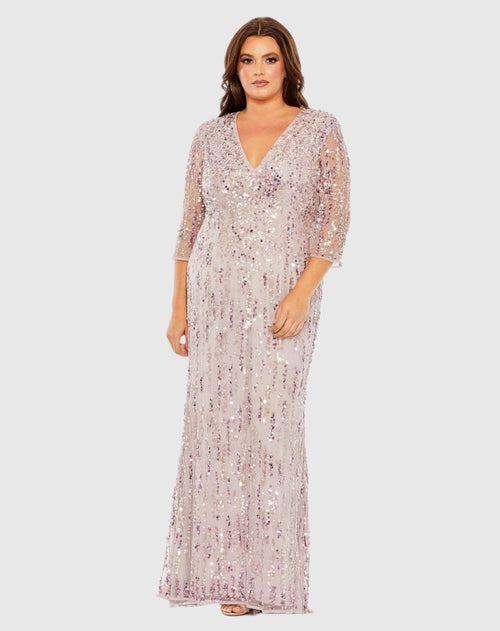 Mid Length Mesh Sleeve V Neck Embellished Gown