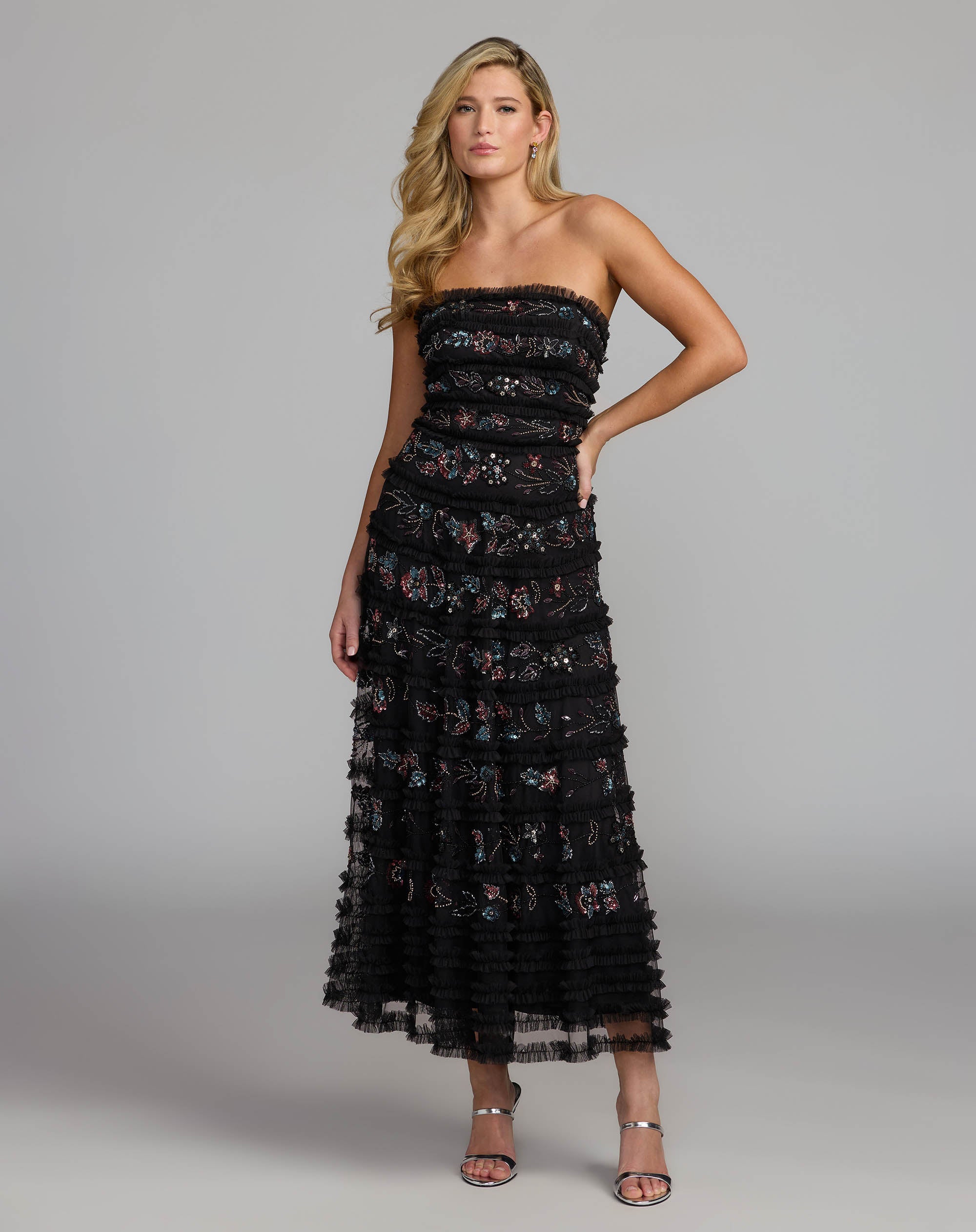 Black Strapless Micro Ruffle Midi Dress - Mac Duggal