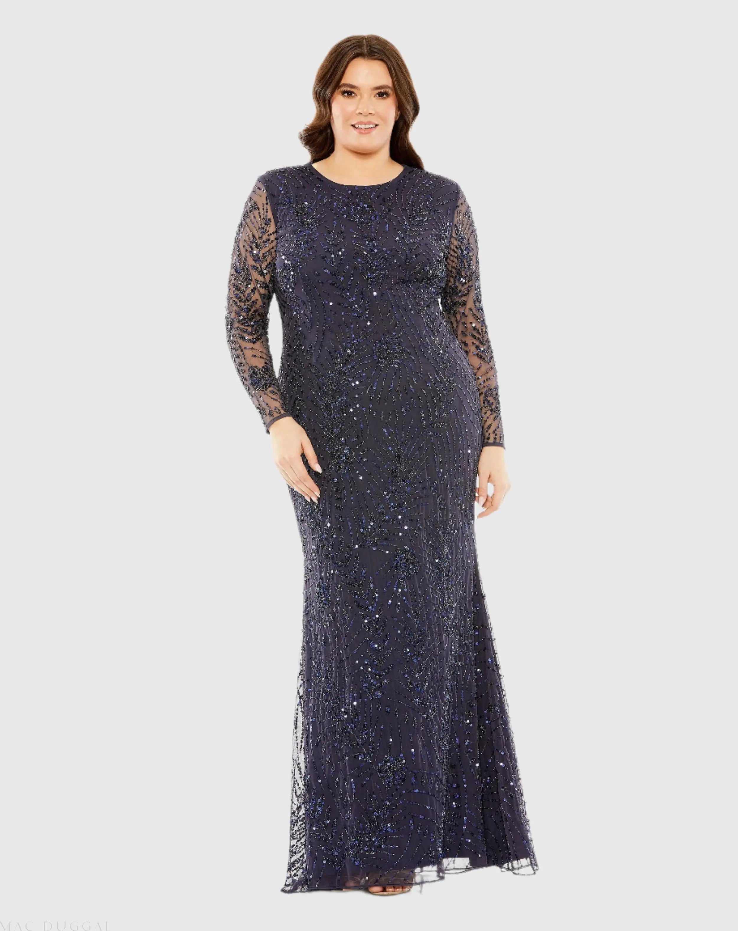 Navy Long Sleeve Mesh Embellished Gown - Mac Duggal