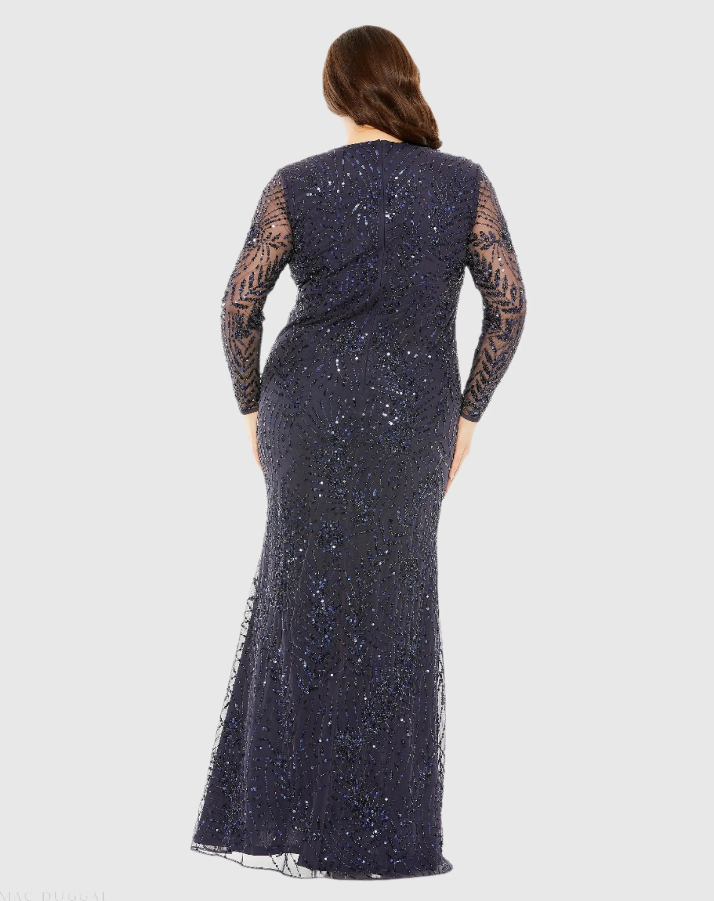 Navy Long Sleeve Mesh Embellished Gown - Mac Duggal