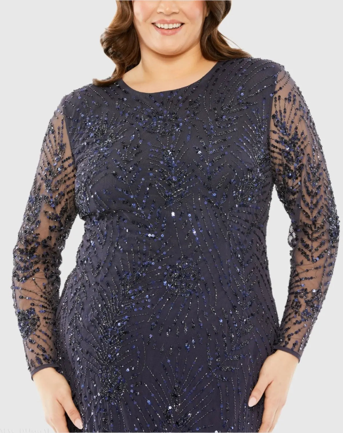 Navy Long Sleeve Mesh Embellished Gown - Mac Duggal