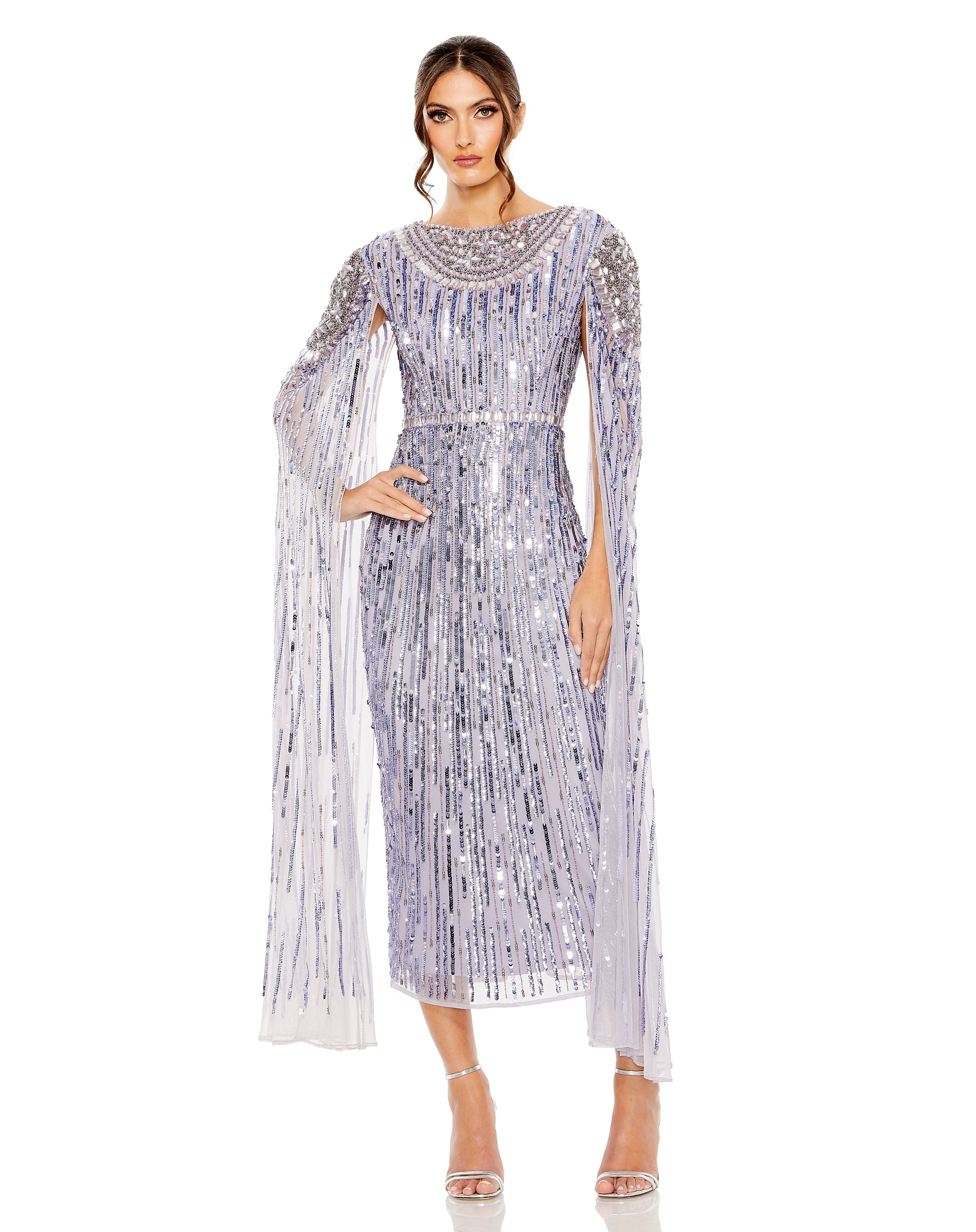High Neck Sequin Embellished Cape Sleeve Dress | Sample | Sz. 2