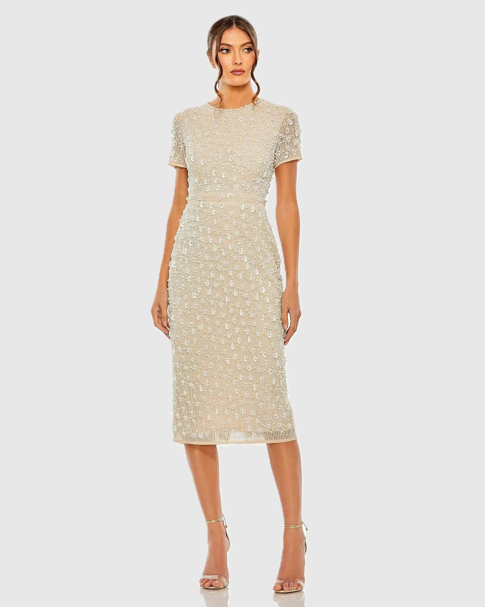 Beige High Neck Short Sleeve Embellished Dress - Mac Duggal Beige High Neck Short Sleeve Embellished Dress - Mac Duggal