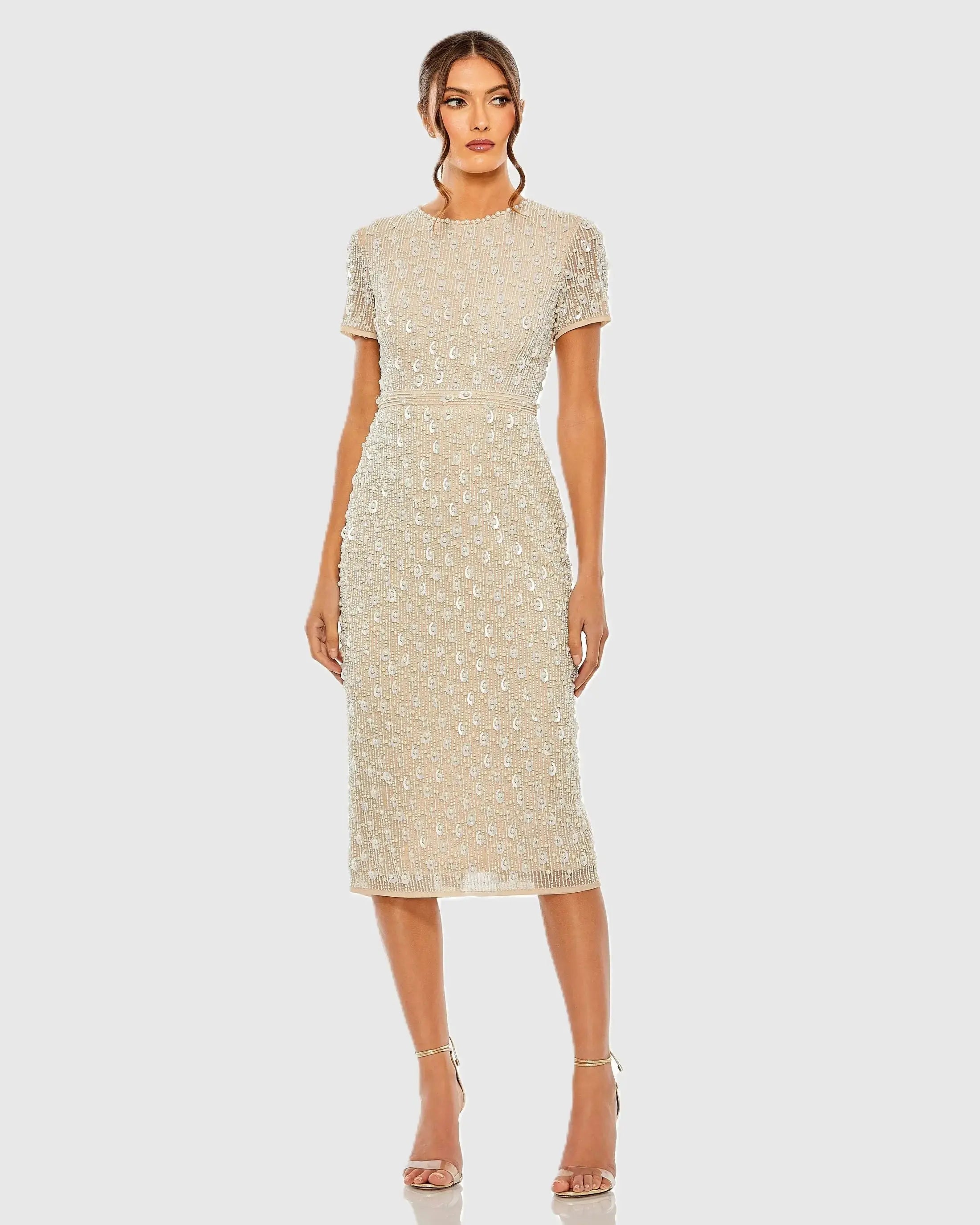 Beige High Neck Short Sleeve Embellished Midi Sheath Dress - Mac Duggal
