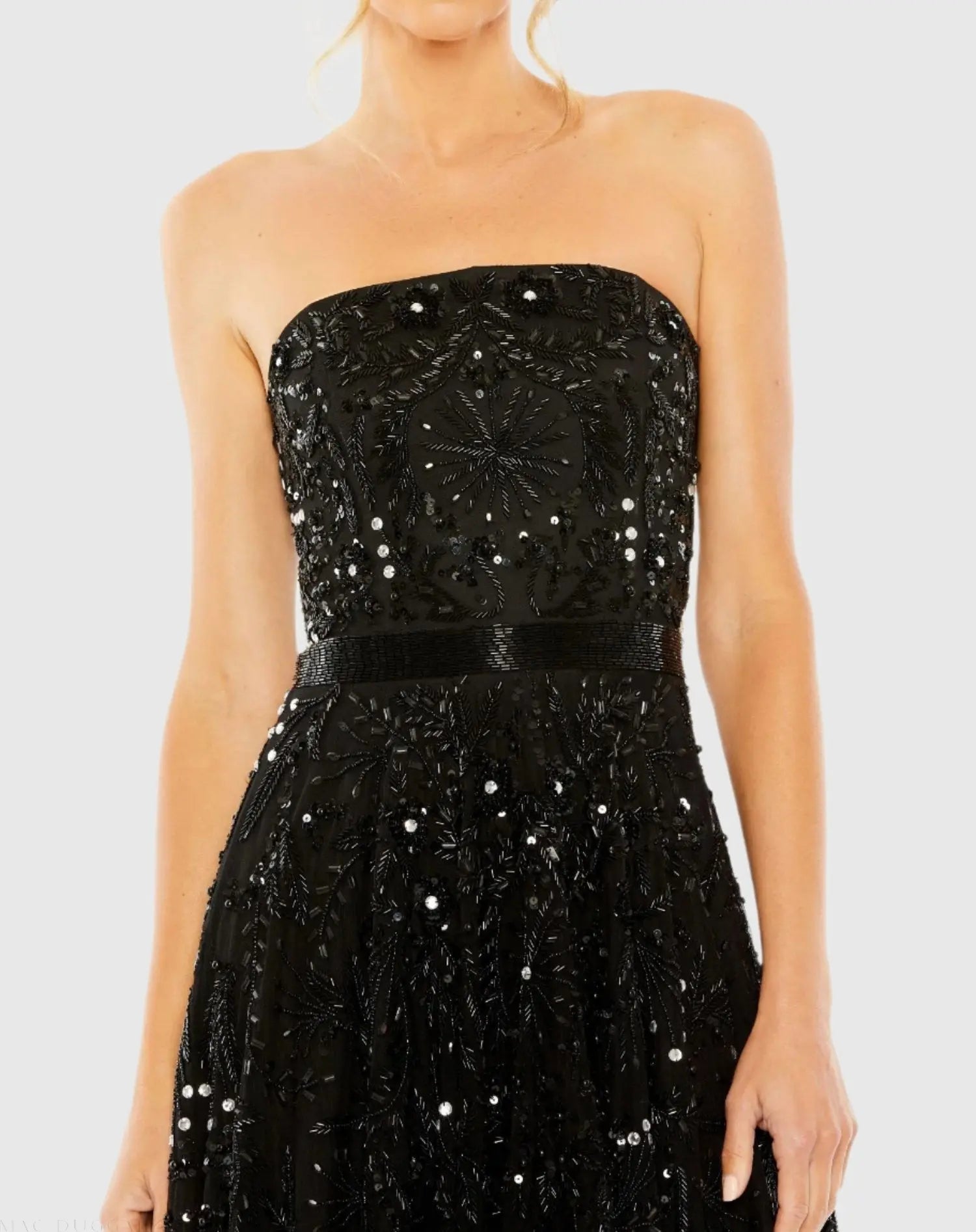 mac duggal strapless embellished a line dress Black Strapless Embellished A Line Dress