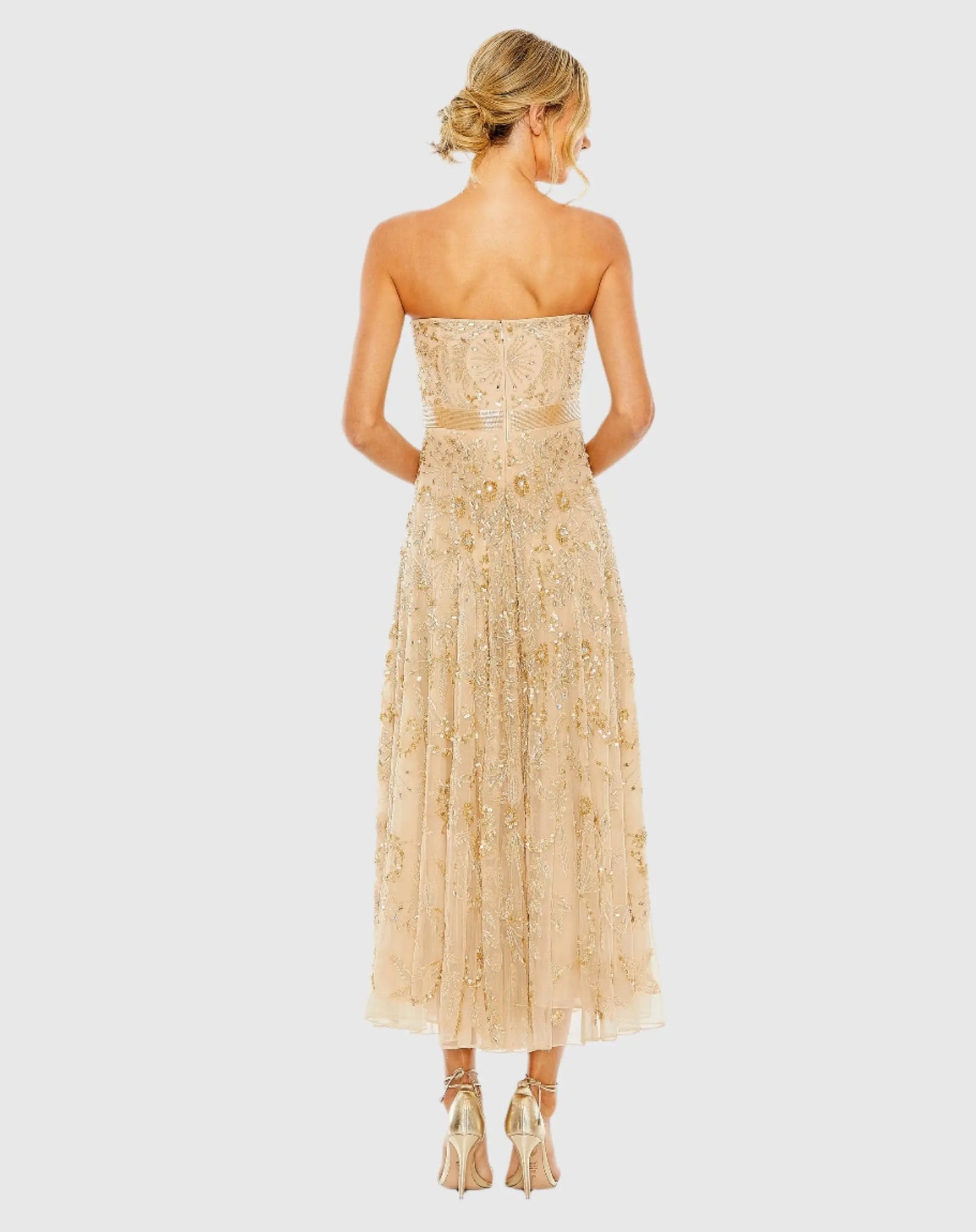 Gold Strapless Embellished A Line Dress - Mac Duggal