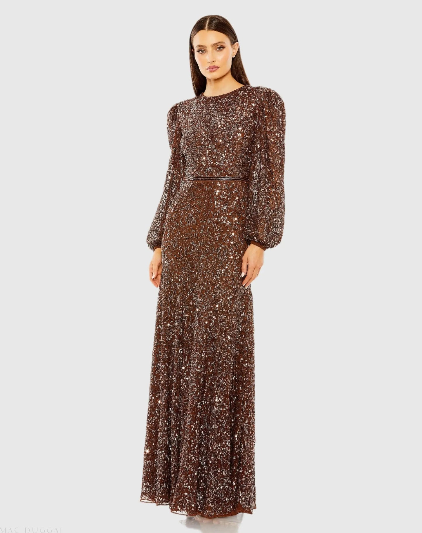 Brown Sheer Long Sleeve Embellished Gown - Mac Duggal