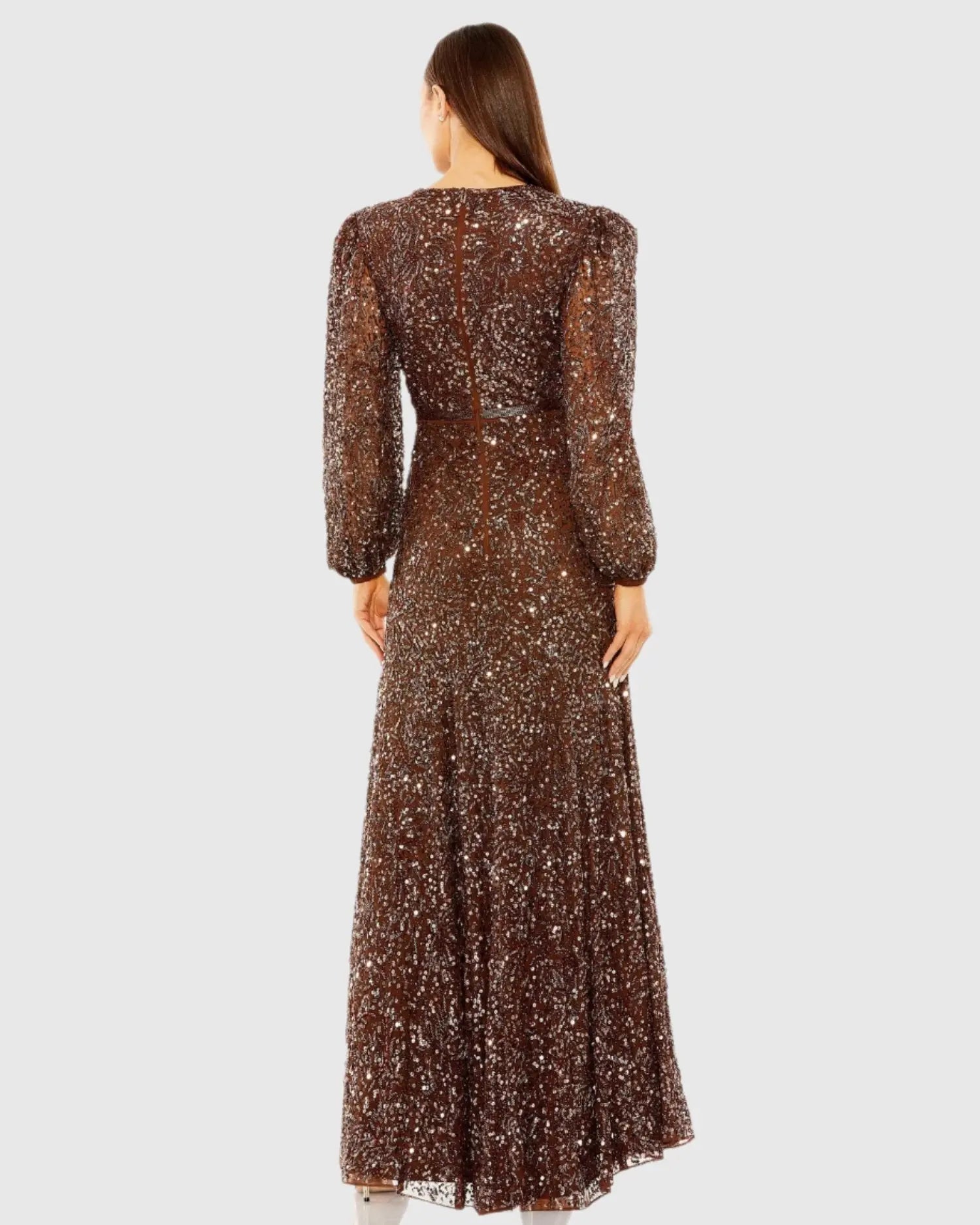 Brown Sheer Long Sleeve Embellished Gown - Mac Duggal