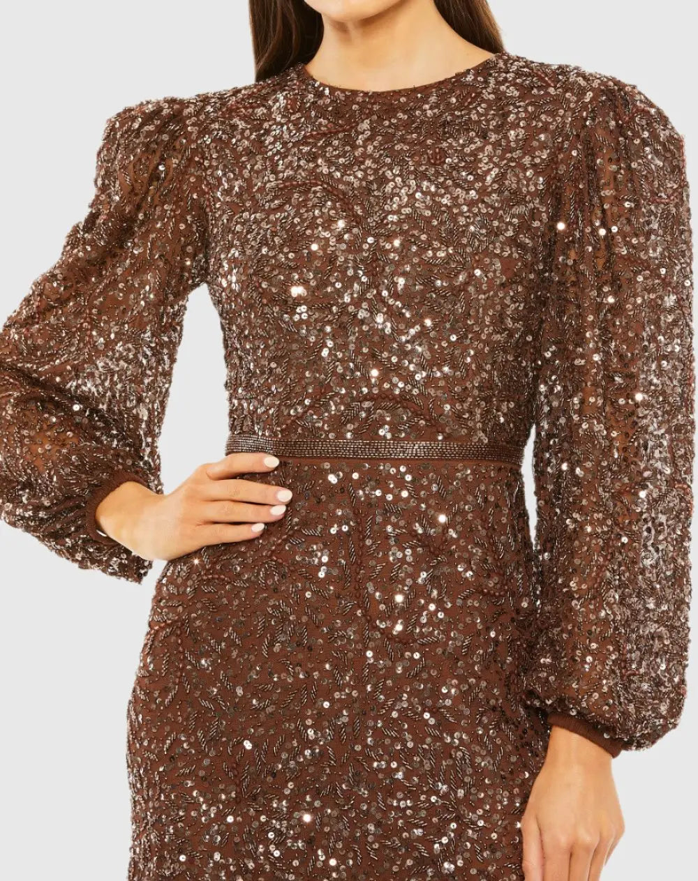 brown sheer long sleeve dress Mac Duggal Wedding Guest Brown Sheer Long Sleeve Embellished Gown Size US 14
