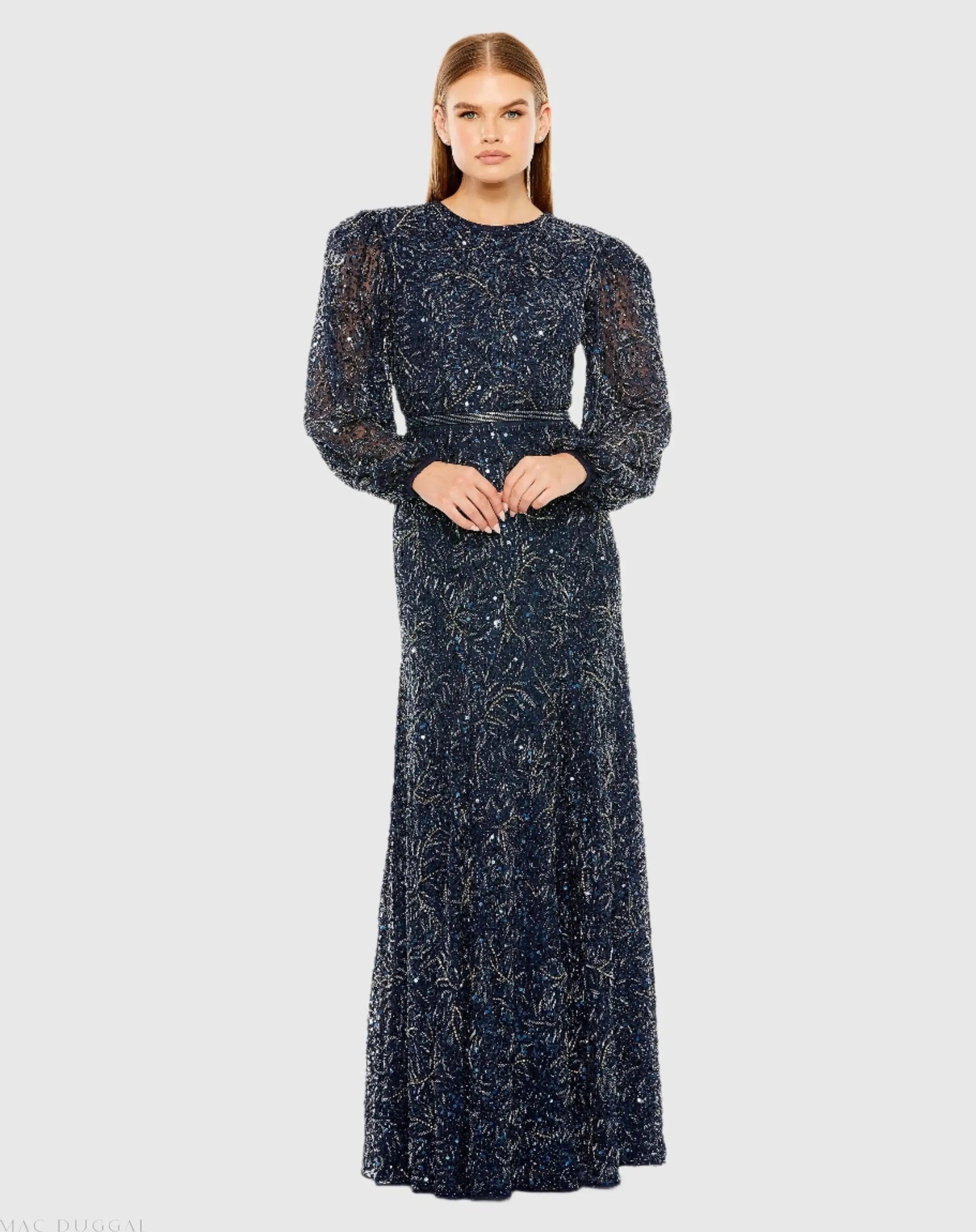 Blue Sheer Long Sleeve Beaded Gown - Mac Duggal