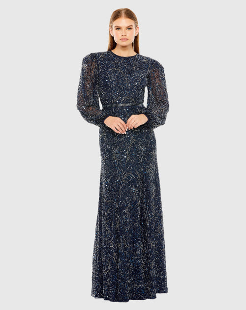 Sheer Long Sleeve Beaded Gown