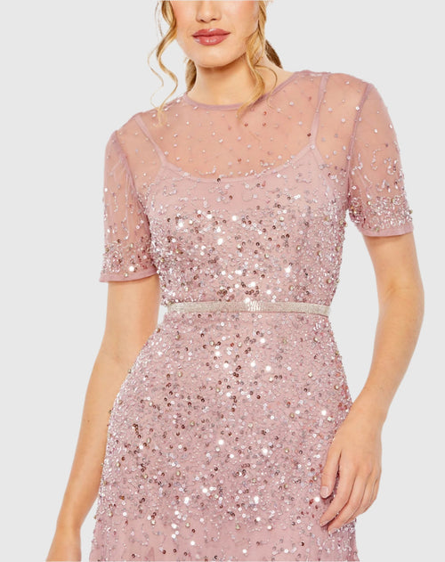 Pink High Neck Short Sleeve Sequin Embellished Gown - Mac Duggal