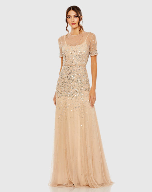 High Neck Short Sleeve Sequin Embellished Gown