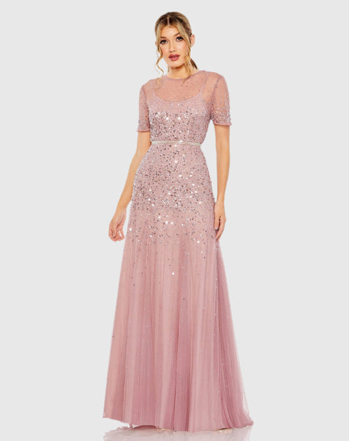 Pink High Neck Short Sleeve Sequin Embellished Gown