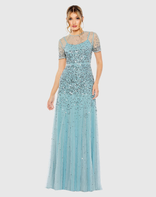 Blue High Neck Short Sleeve Sequin Embellished Gown