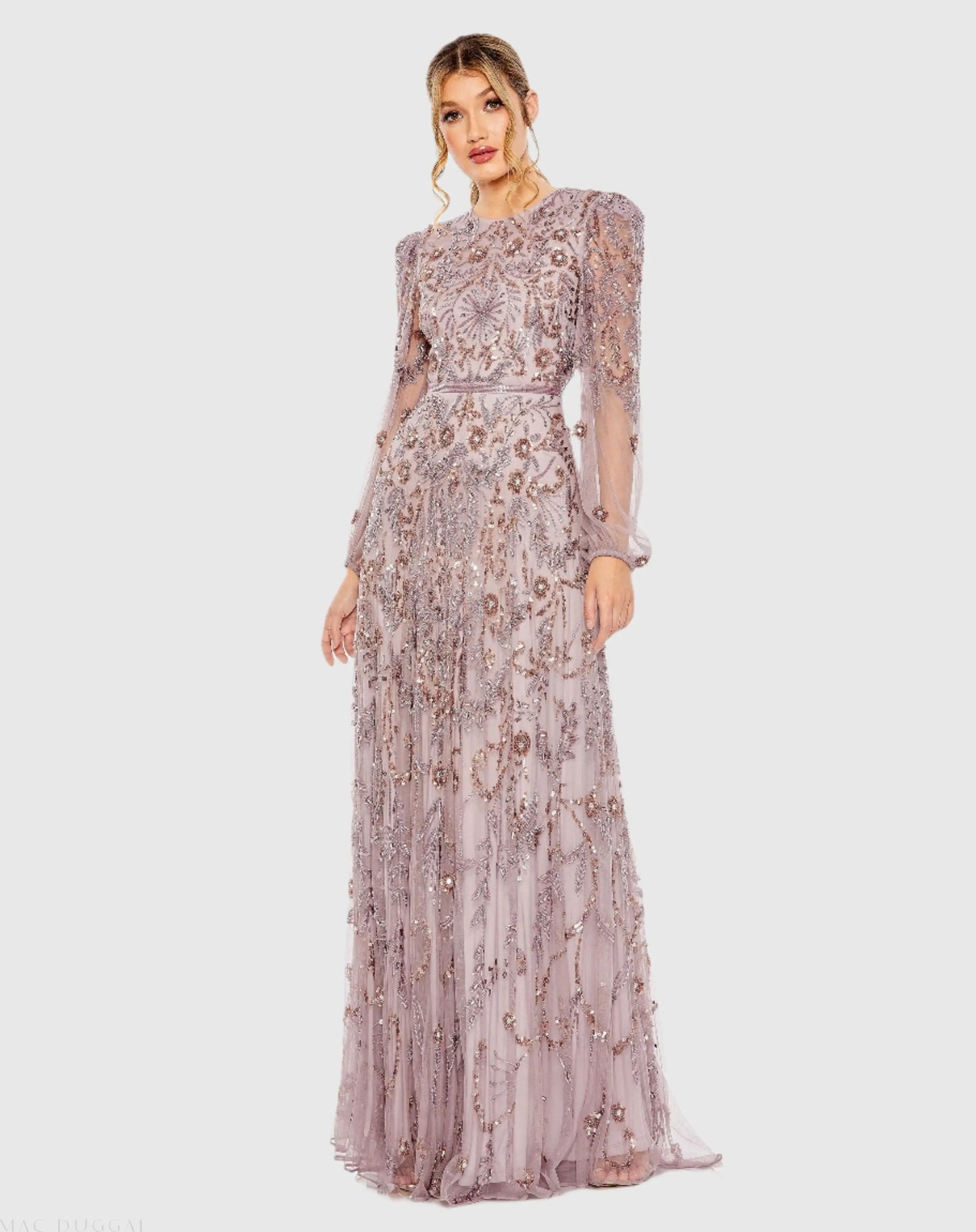 Purple Puff Sleeve Embellished A Line Gown - Mac Duggal