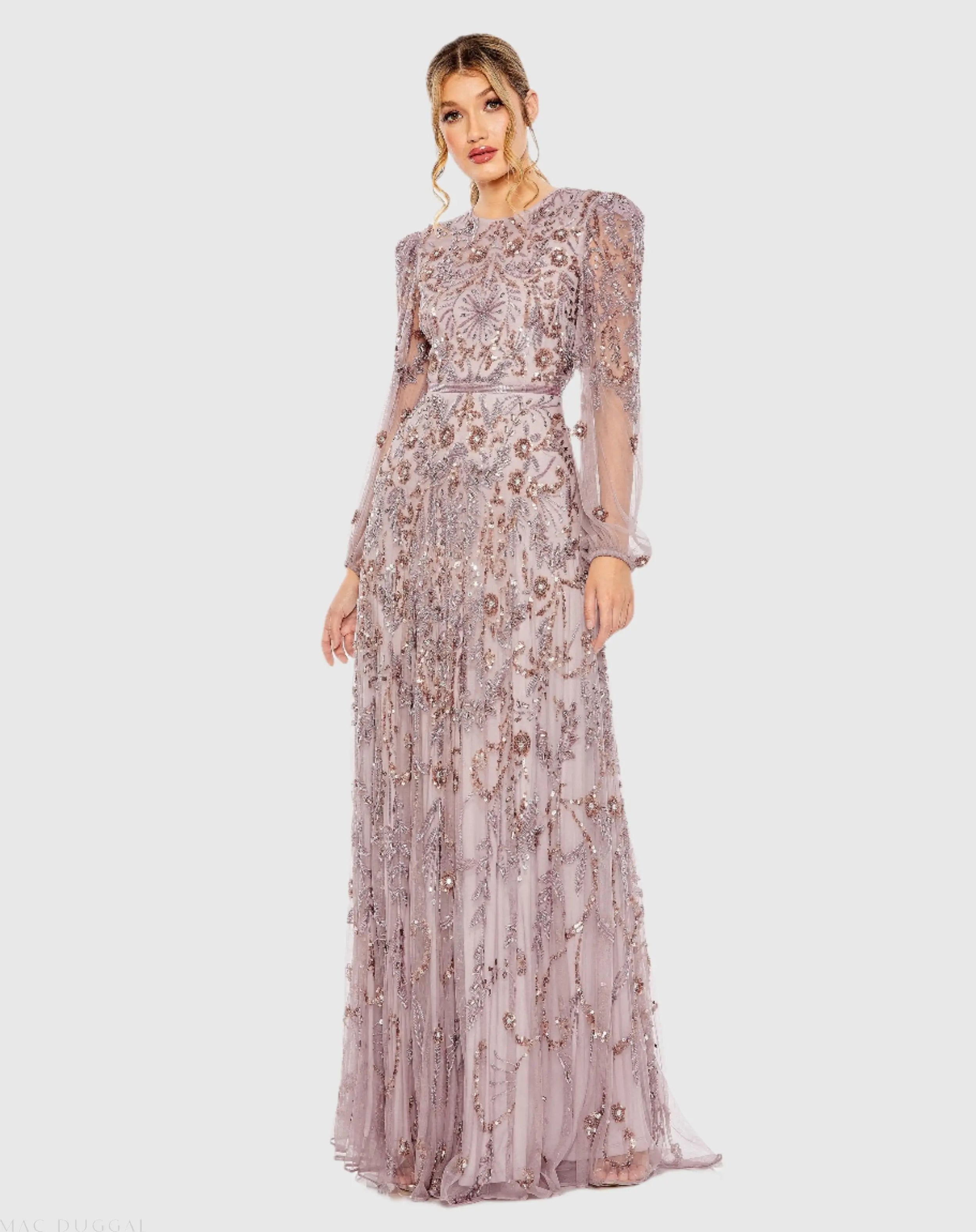 Purple Puff Sleeve Embellished A Line Gown - Mac Duggal