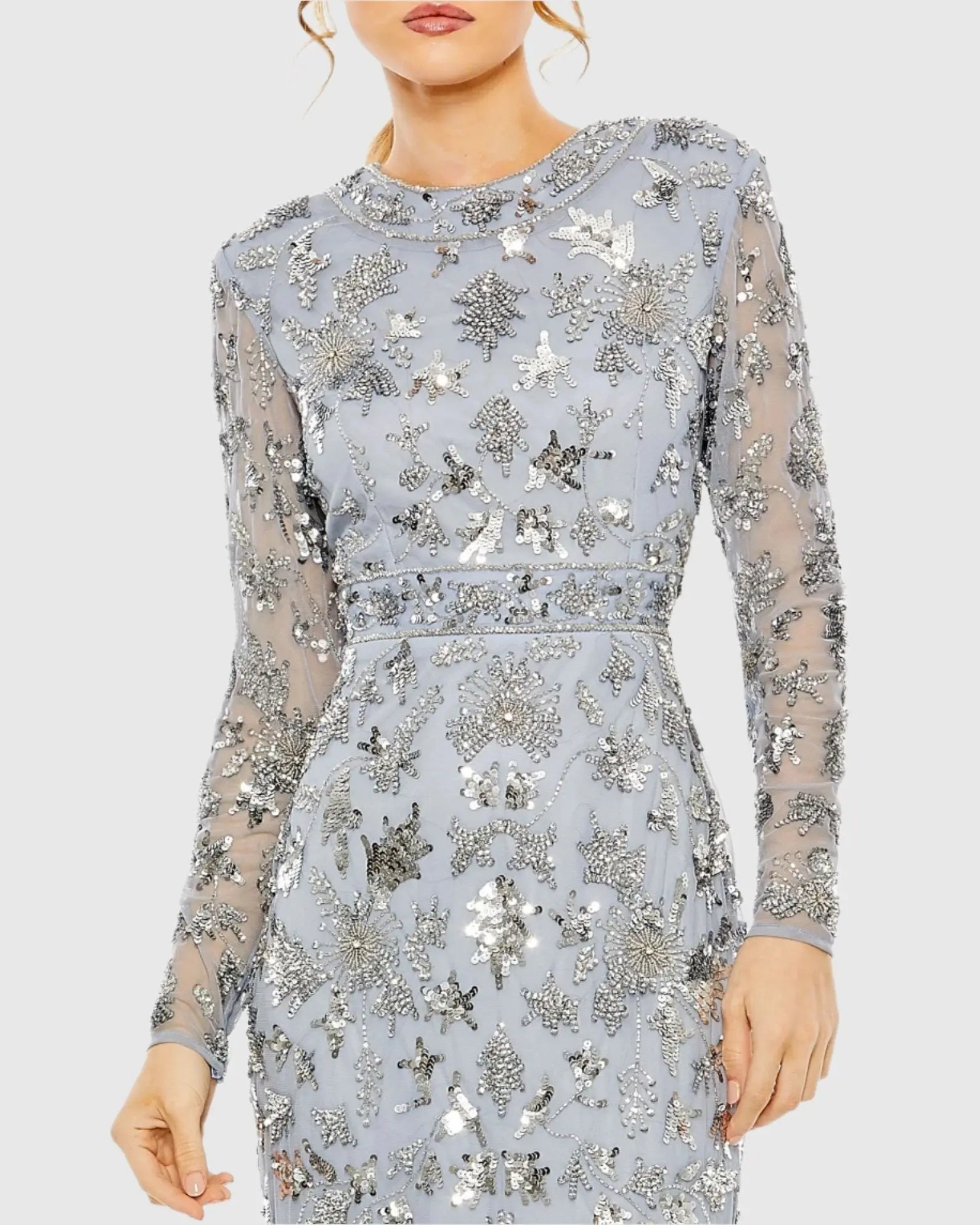 High Neck Long Sleeve Embellished Column Gown - Mac Duggal