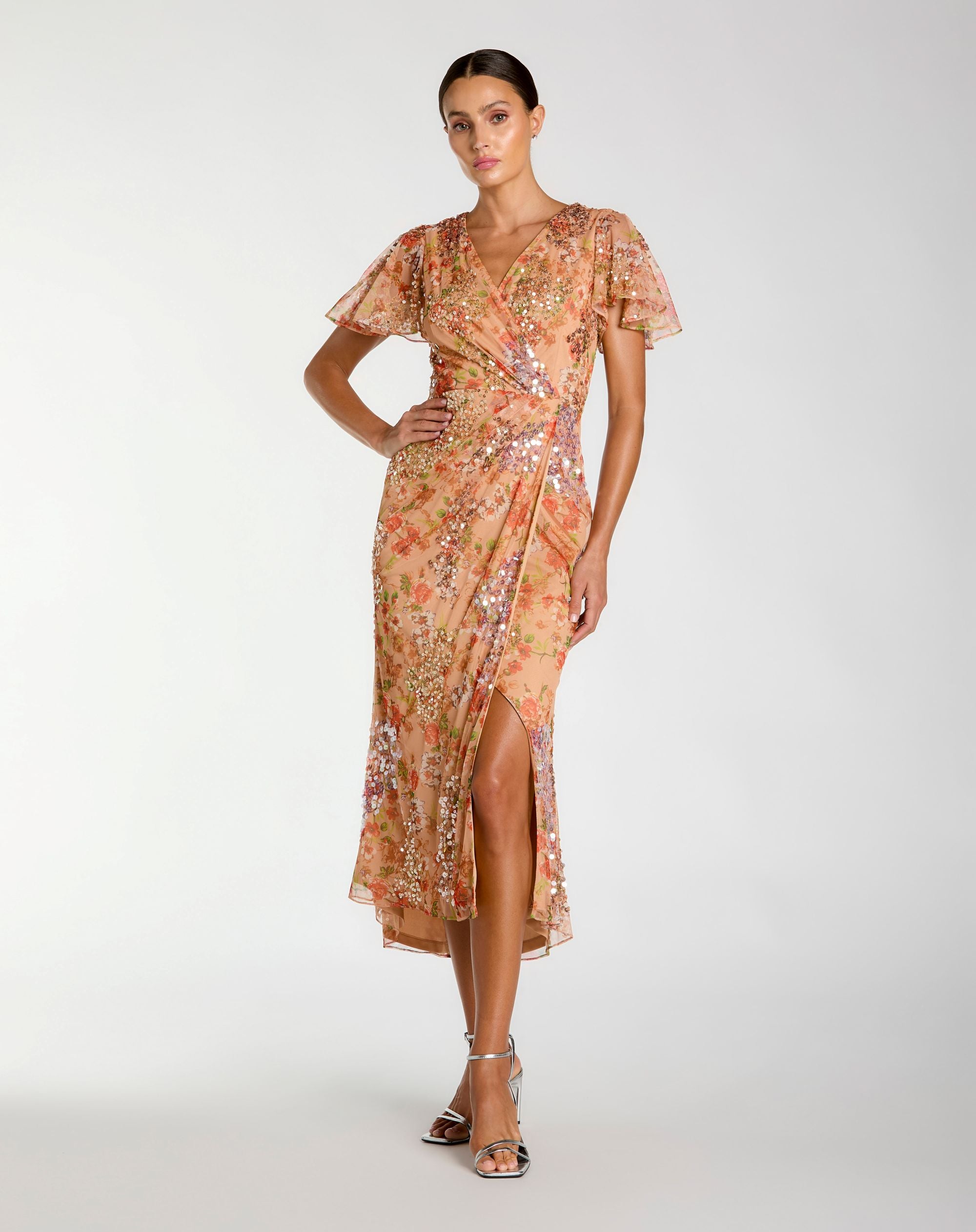 Orange Embellished Floral Flutter Sleeve Midi Dress - Mac Duggal