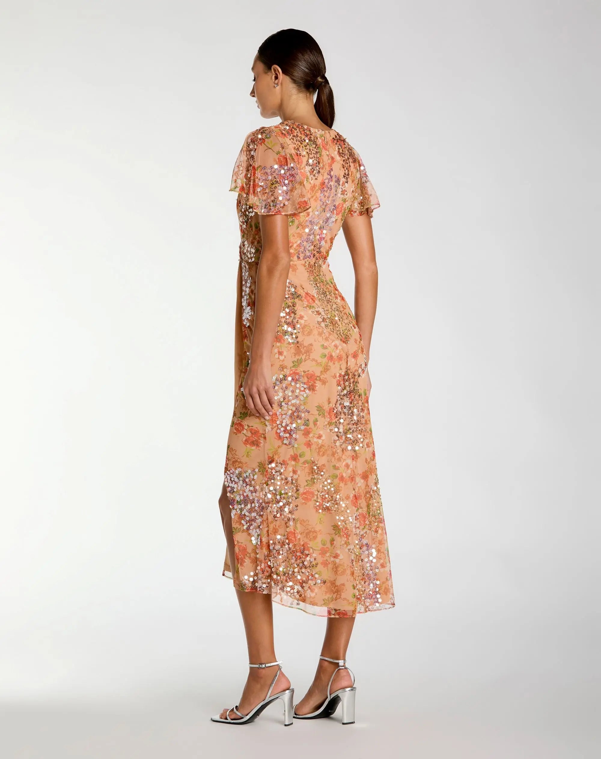 Pink Embellished Floral Flutter Sleeve Midi Dress | Mac Duggal